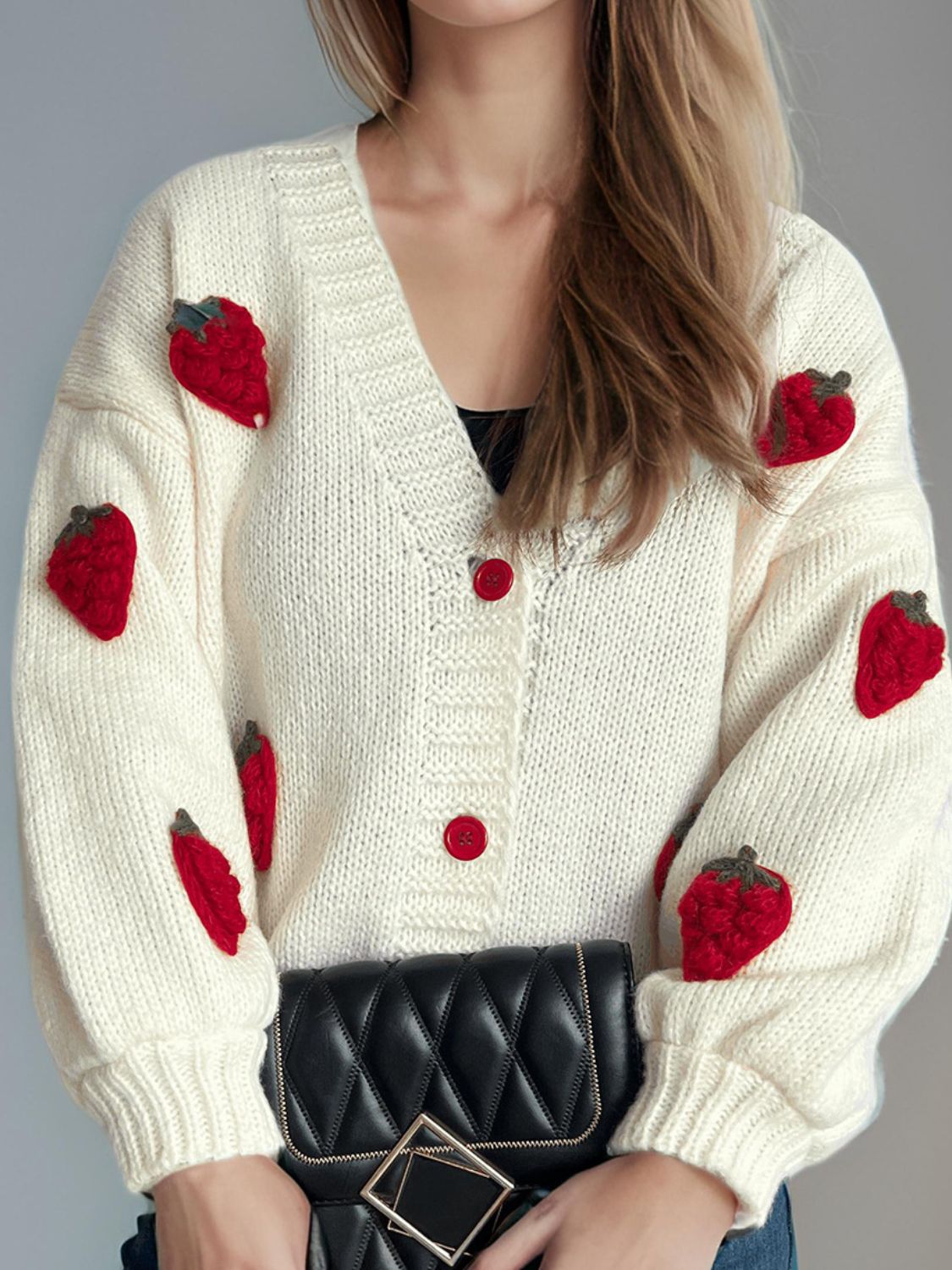 Crochet Strawberry V-Neck Long Sleeve Cardigan-NEW ARRIVALS-[Adult]-[Female]-2022 Online Blue Zone Planet