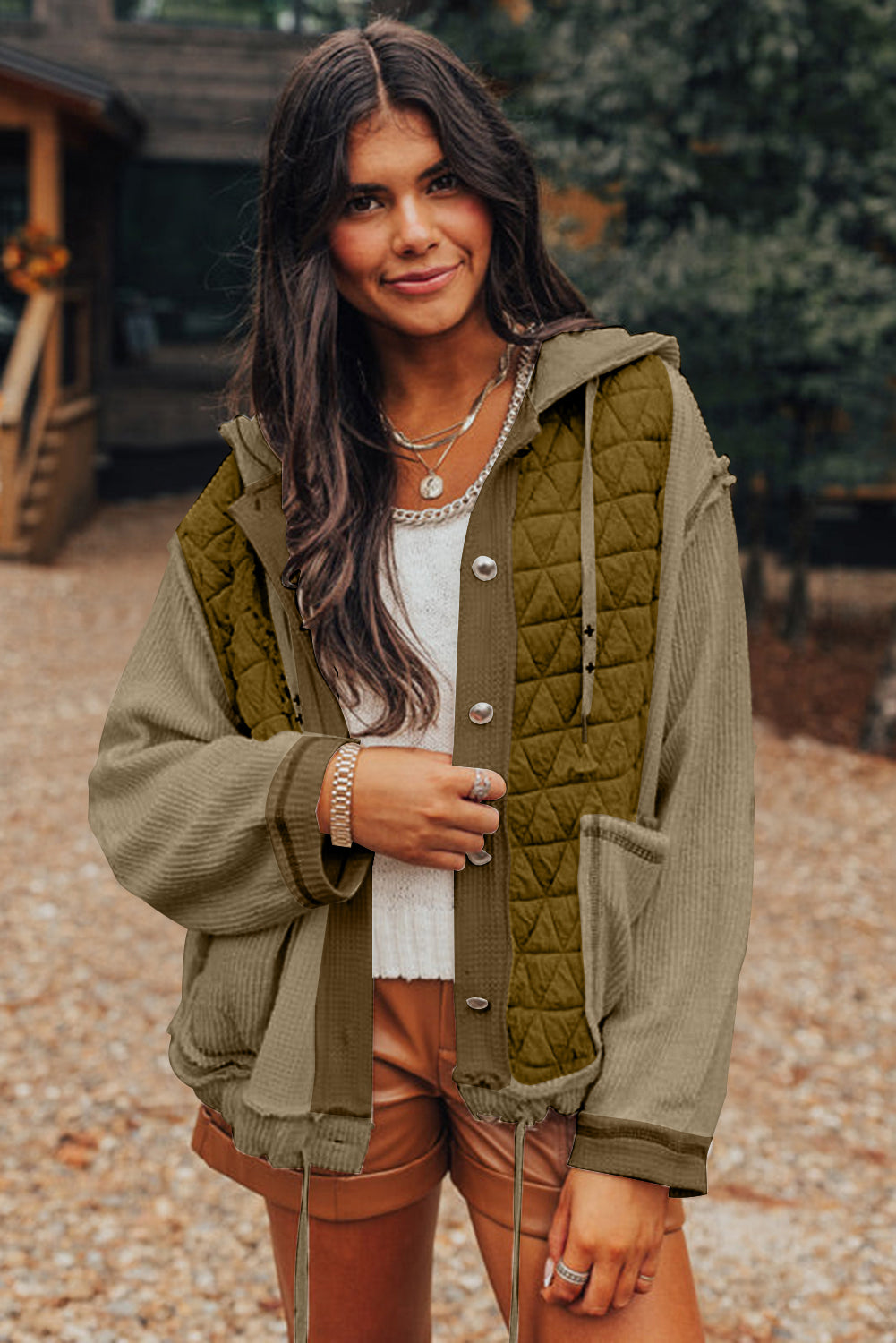 Blue Zone Planet | Jungle Green Quilted Textured Patchwork Hooded Jacket-Jackets-[Adult]-[Female]-2022 Online Blue Zone Planet