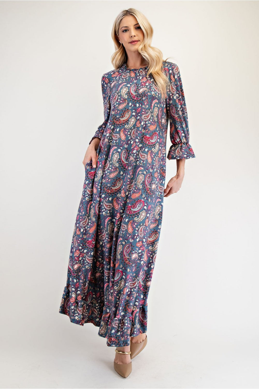 Blue Zone Planet | Celeste Full Size Ruffle Hem Paisley Round Neck Dress-TOPS / DRESSES-[Adult]-[Female]-2022 Online Blue Zone Planet