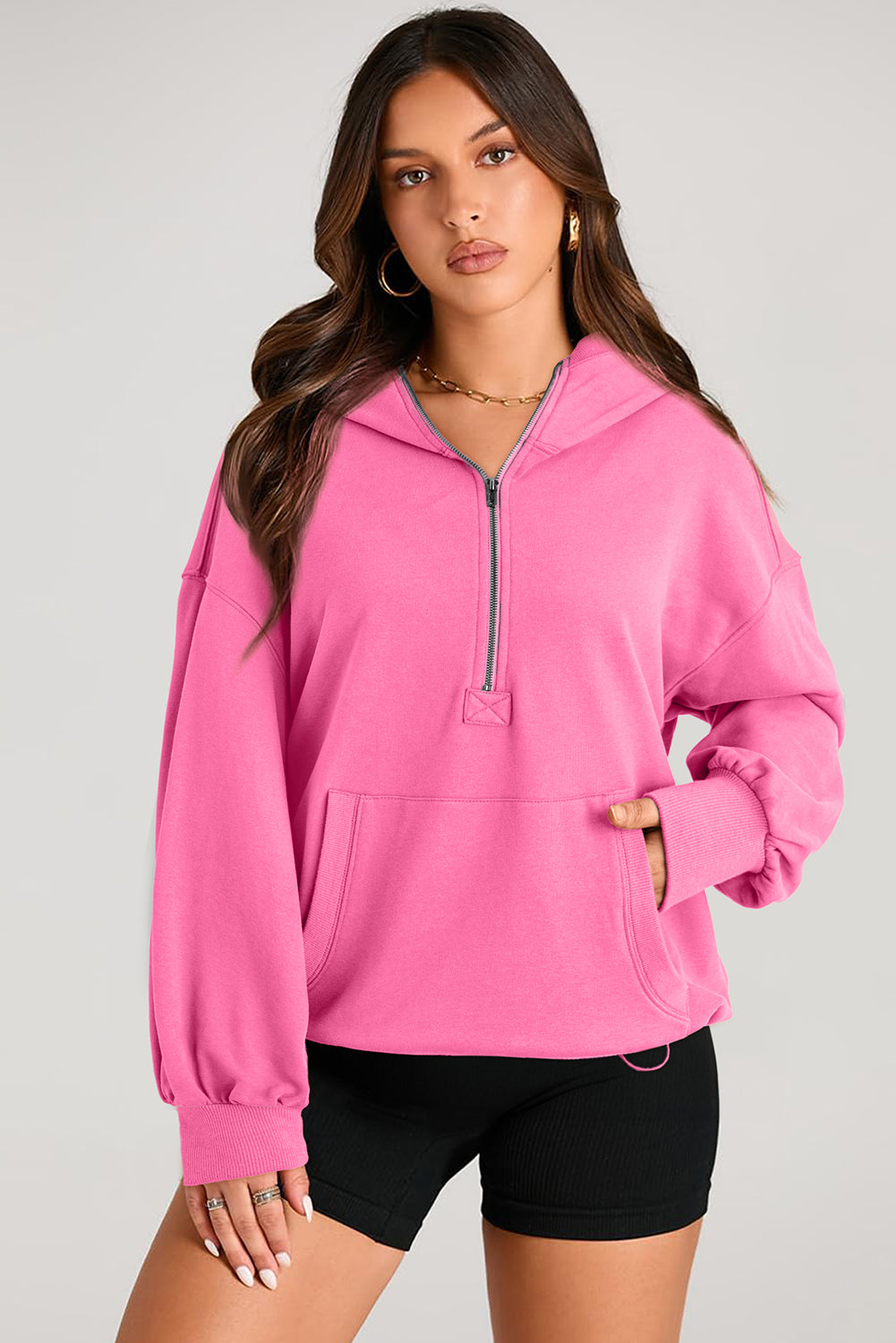 Brown Solid Kangaroo Pocket Half Zipper Oversized Hoodie-Tops/Sweatshirts & Hoodies-[Adult]-[Female]-2022 Online Blue Zone Planet