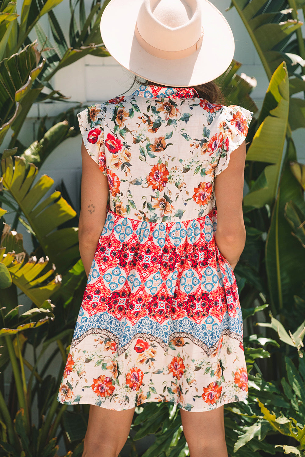 Rose Floral Mixed Pattern Ruffle Flutter Sleeve Buttoned Dress-TOPS / DRESSES-[Adult]-[Female]-2022 Online Blue Zone Planet