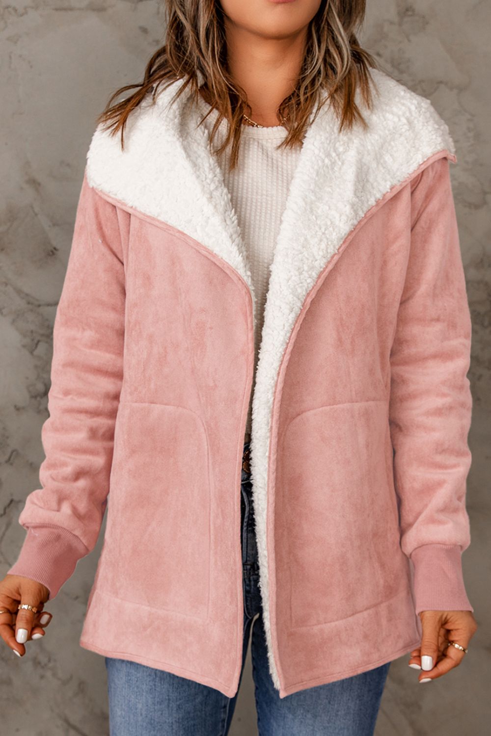 Open Front Long Sleeve Sherpa Jacket-TOPS / DRESSES-[Adult]-[Female]-Blush Pink-S-2022 Online Blue Zone Planet