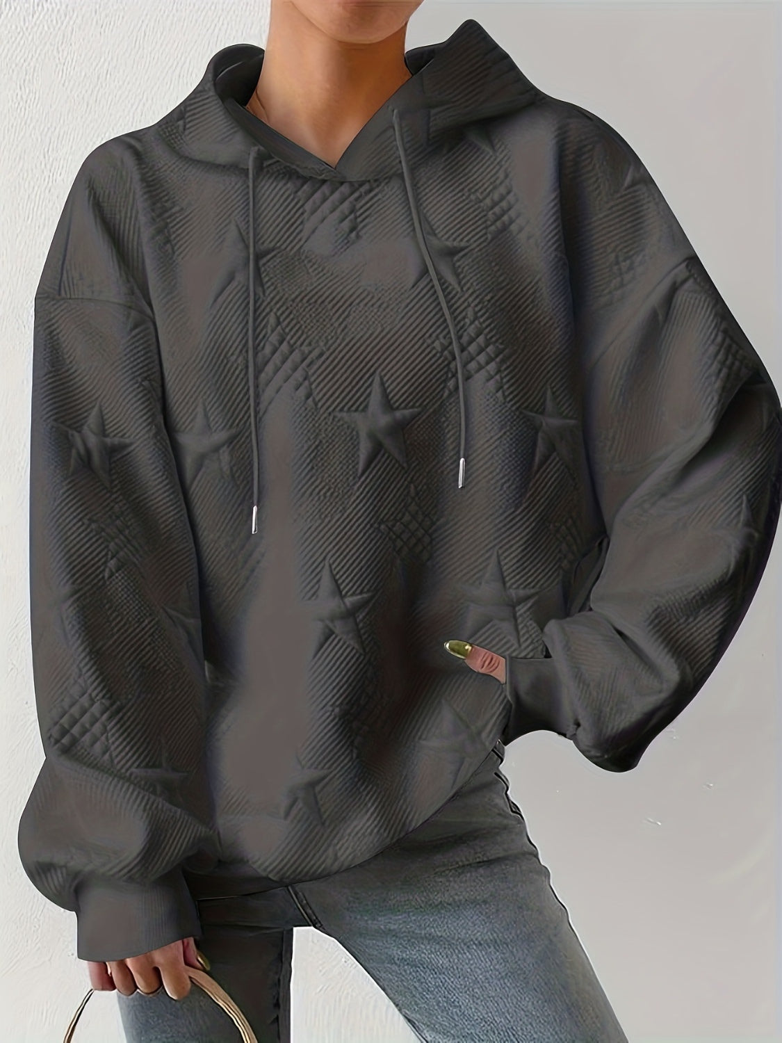 Plus Size Star Texture Long Sleeve Drawstring Hoodie-TOPS / DRESSES-[Adult]-[Female]-Dark Gray-XL-2022 Online Blue Zone Planet