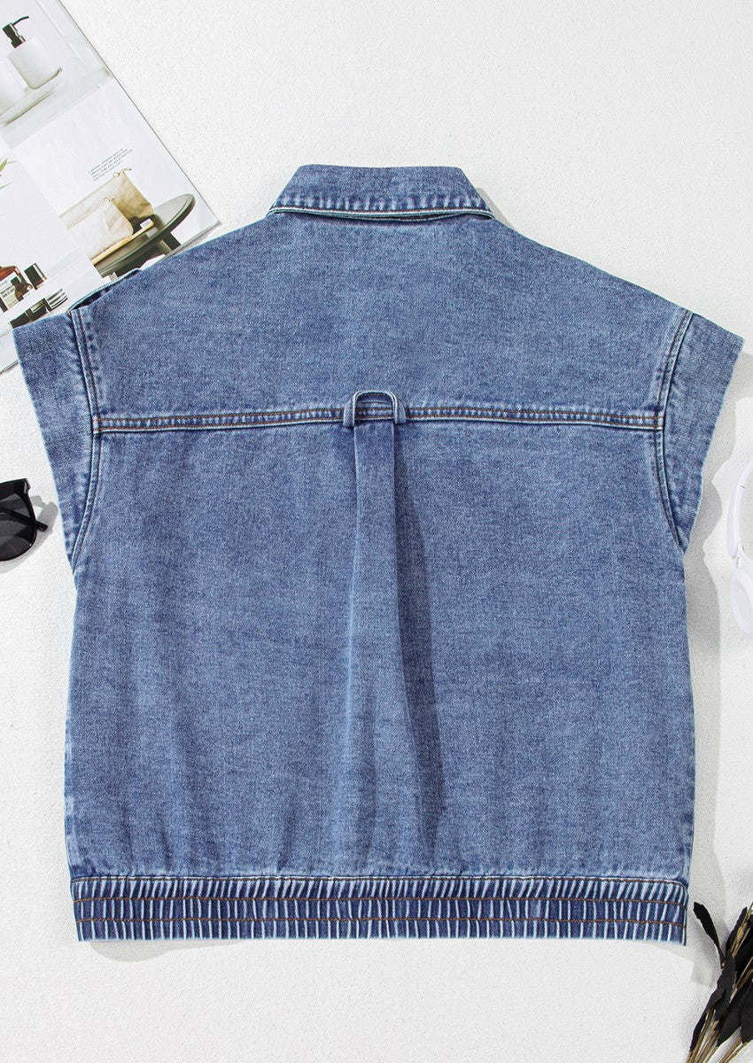 Button Up Cap Sleeve Denim Jacket-TOPS / DRESSES-[Adult]-[Female]-2022 Online Blue Zone Planet