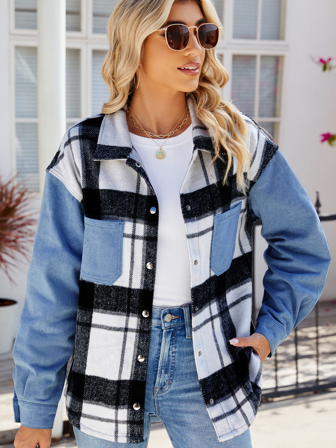 Blue Zone Planet | Pocketed Plaid Snap Down Denim Jacket-TOPS / DRESSES-[Adult]-[Female]-2022 Online Blue Zone Planet