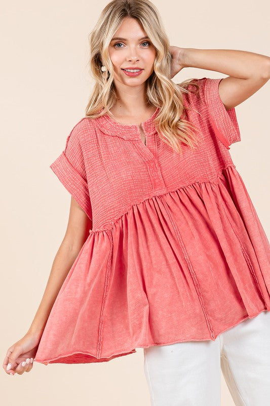 Mittoshop Mixed Media Mineral Wash Babydoll Short Sleeve Blouse-TOPS / DRESSES-[Adult]-[Female]-Coral-S-2022 Online Blue Zone Planet