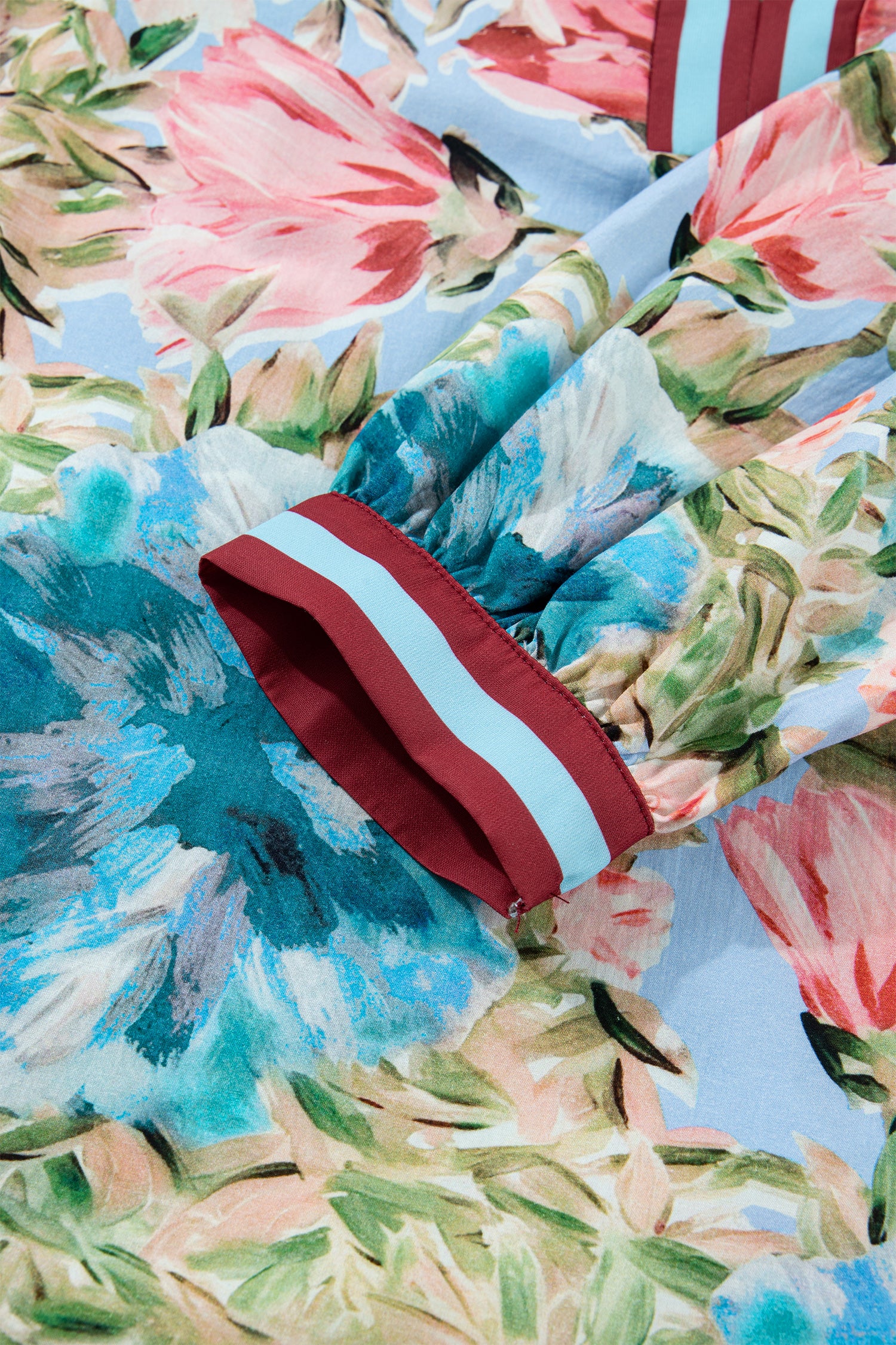 Sky Blue Contrast Trim V Neck Cuffed Bracelet Sleeve Floral Blouse-Bracelet-[Adult]-[Female]-2022 Online Blue Zone Planet