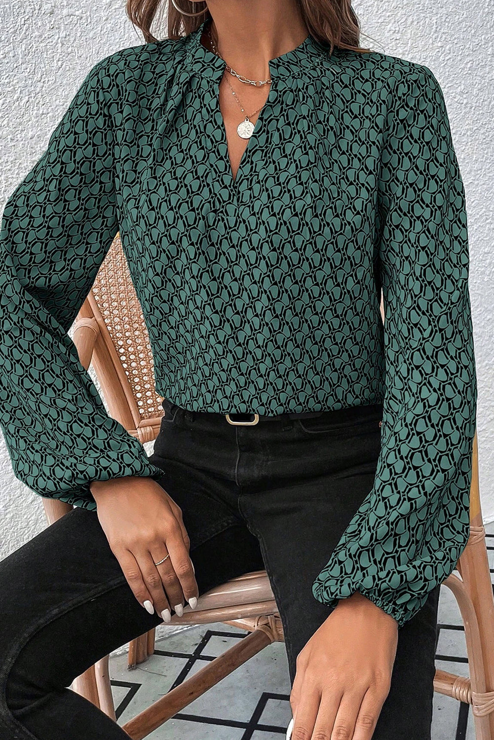 Green Geometric Print Notched Neck Long Sleeve Blouse-Blouses-[Adult]-[Female]-2022 Online Blue Zone Planet