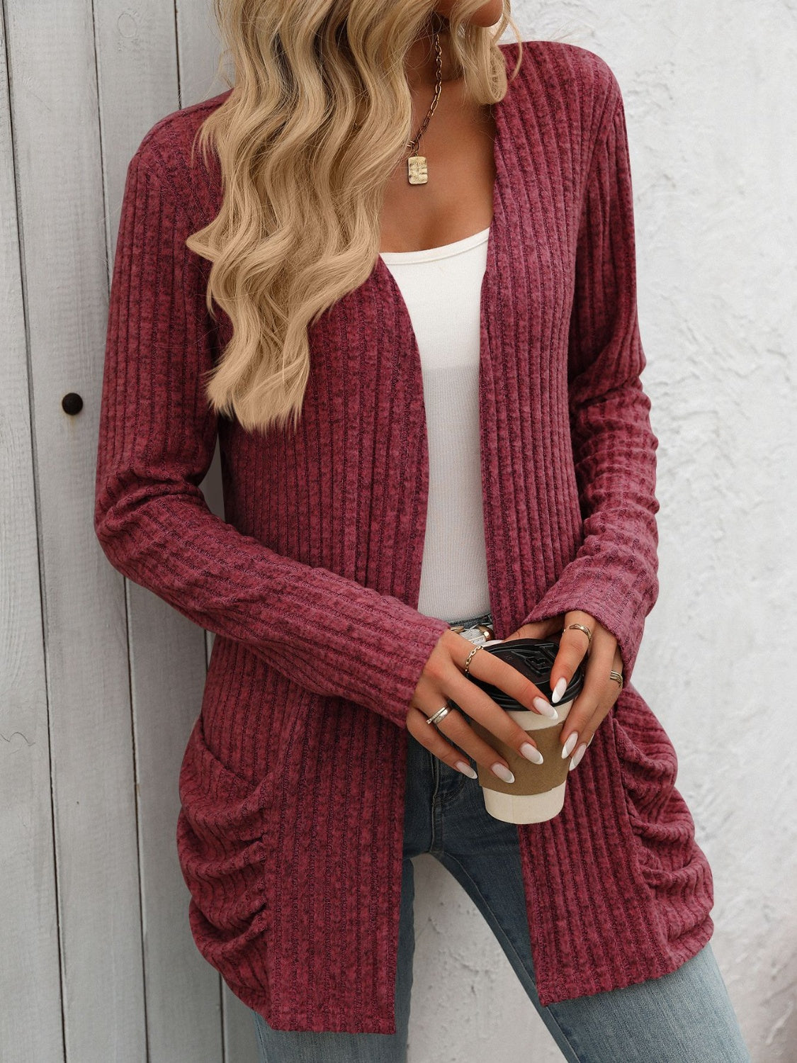 Blue Zone Planet | Open Front Long Sleeve Ribbed Cardigan-TOPS / DRESSES-[Adult]-[Female]-Burgundy-S-2022 Online Blue Zone Planet