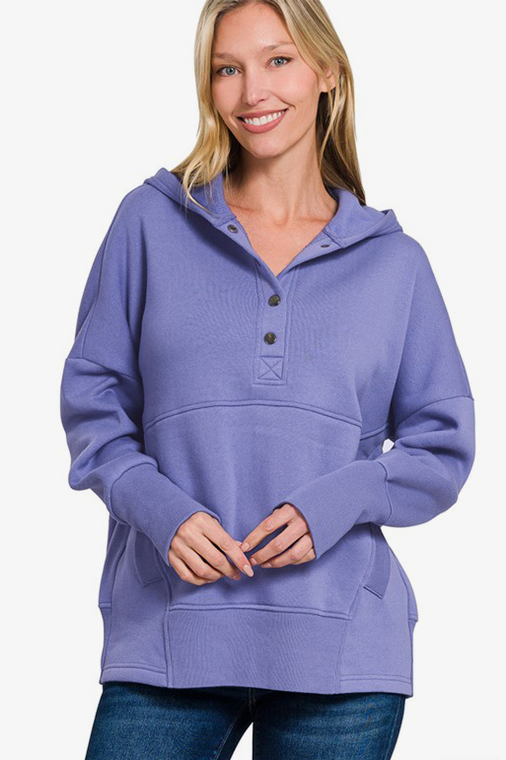 Zenana Half Snap Long Sleeve Hoodie with Kangaroo Pocket-TOPS / DRESSES-[Adult]-[Female]-Blue Purple-S/M-2022 Online Blue Zone Planet