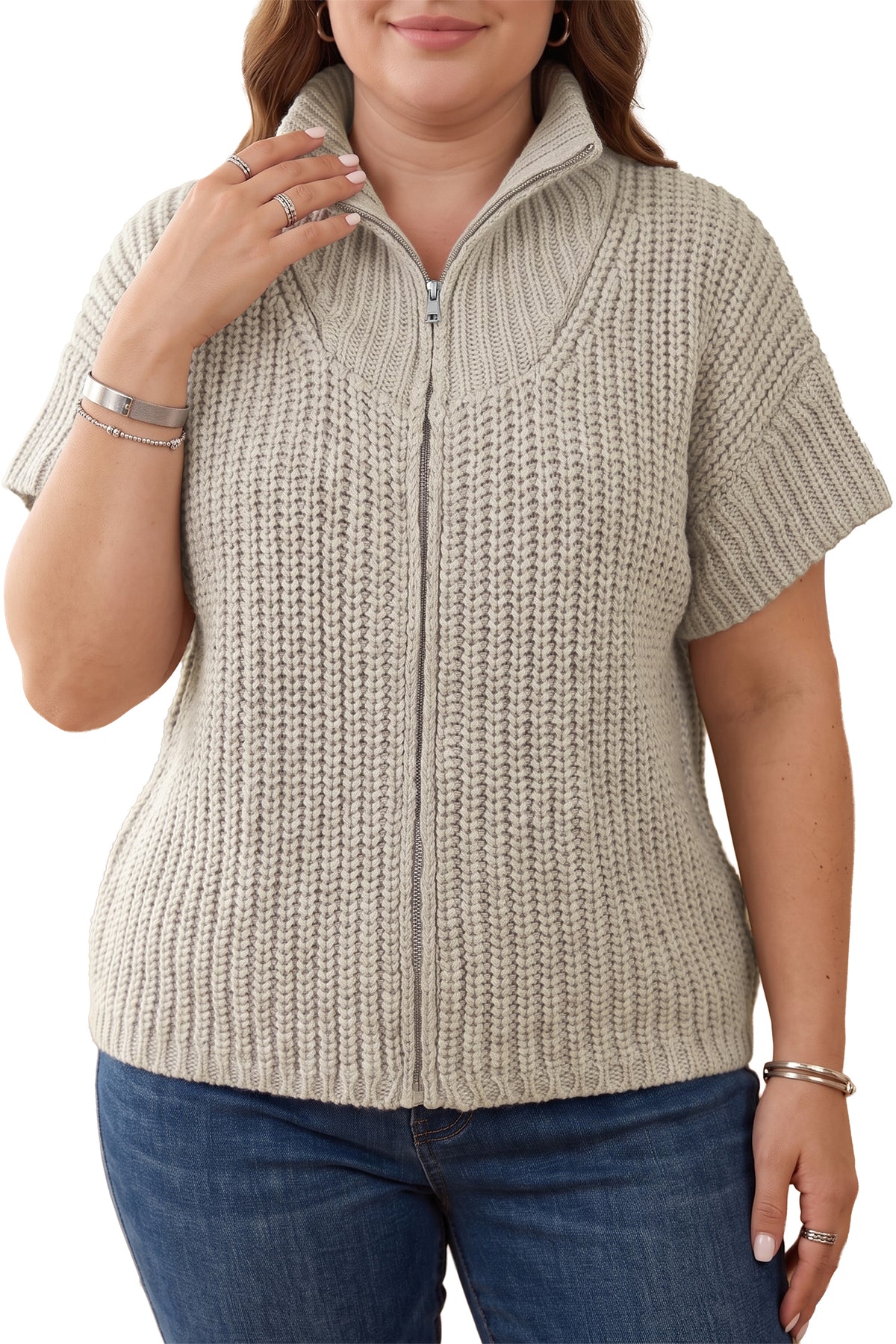 Jet Stream Plus Size Short Sleeve Ribbed Knit Zip Up Tunic Sweater-Plus Size/Plus Size Sweaters & Cardigans-[Adult]-[Female]-2022 Online Blue Zone Planet
