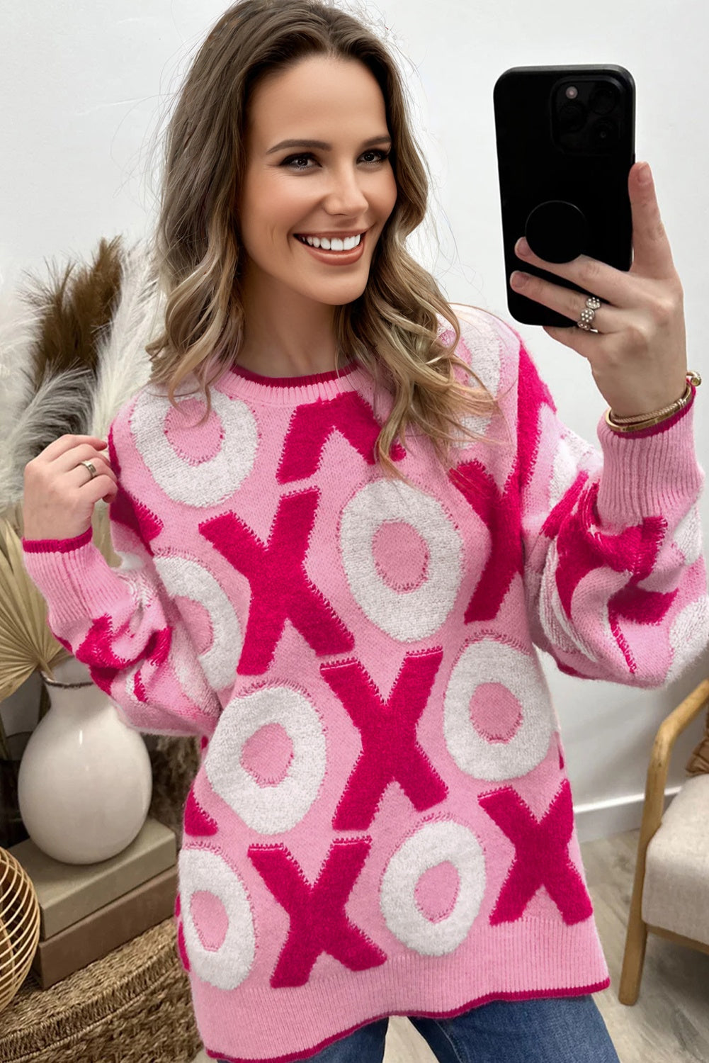 Pink XOXO Pattern Drop Shoulder Crewneck Valentines Sweater-Sweaters & Cardigans/Sweaters-[Adult]-[Female]-2022 Online Blue Zone Planet