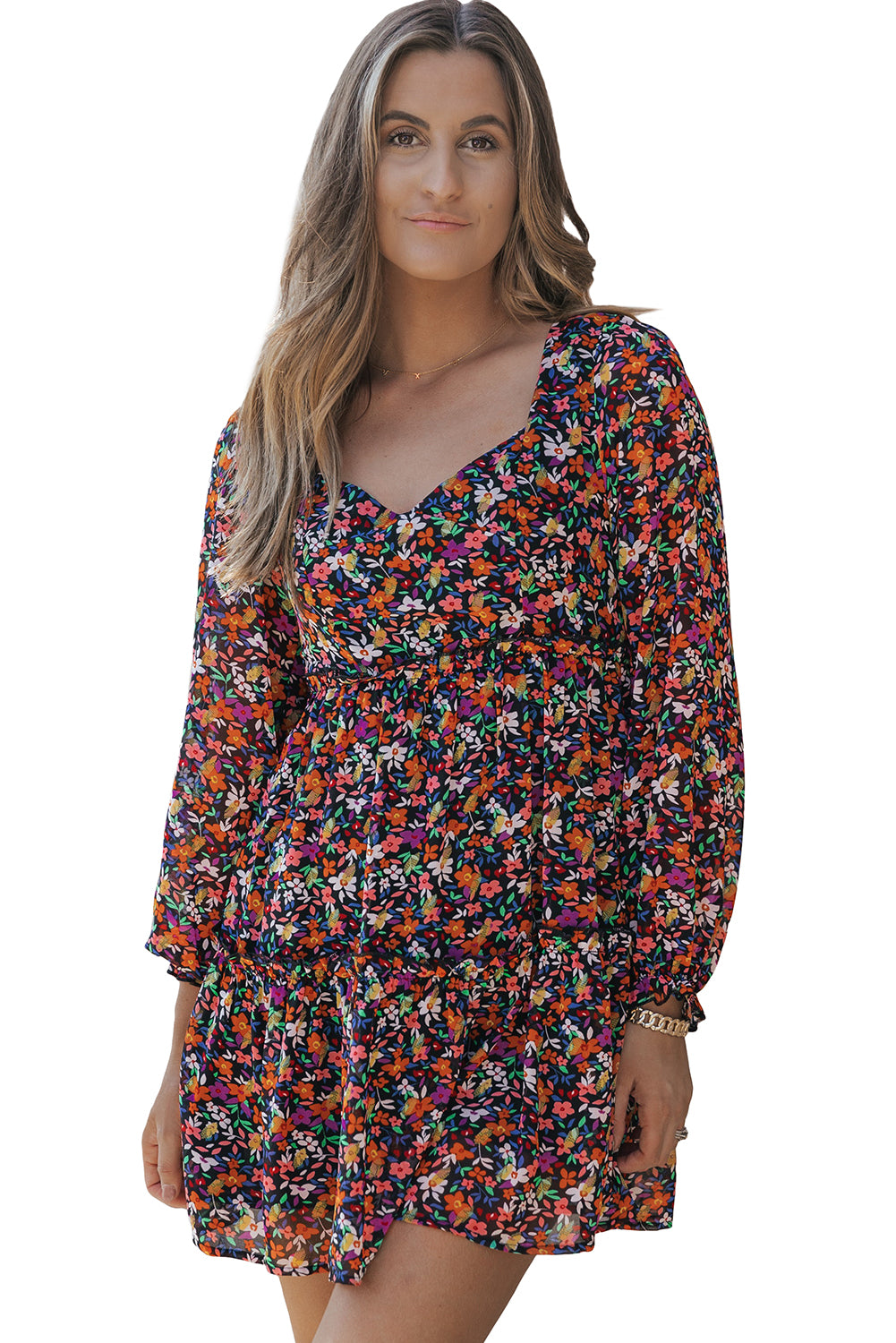 Blue Zone Planet | Wrapped V Neckline Long Sleeve Floral Dress-TOPS / DRESSES-[Adult]-[Female]-2022 Online Blue Zone Planet