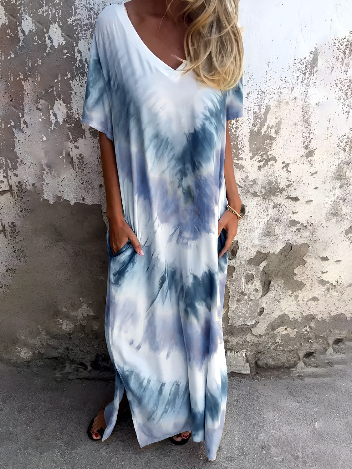 Full Size Pocketed Tie-Dye Short Sleeve Dress-TOPS / DRESSES-[Adult]-[Female]-Dusty Blue-S-2022 Online Blue Zone Planet