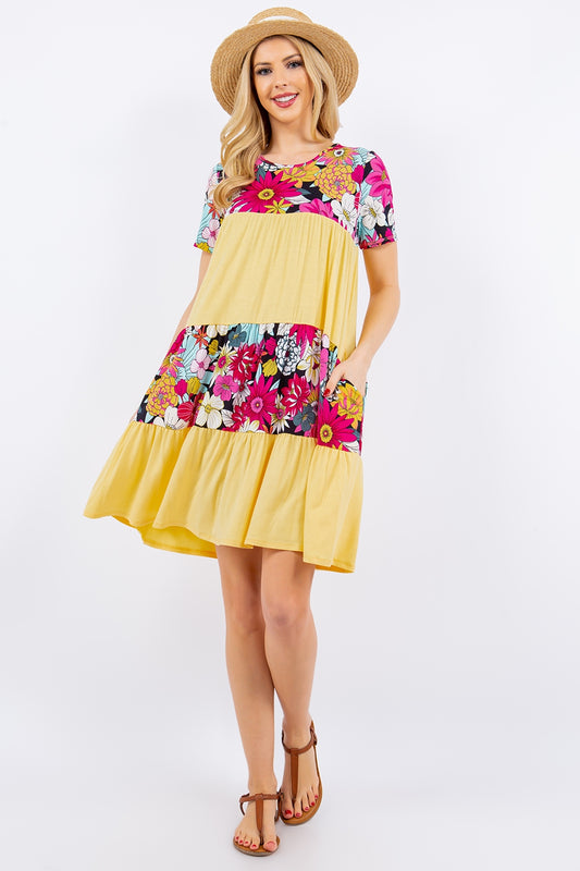 Celeste Full Size Color Block Floral Round Neck Short Sleeve Dress-TOPS / DRESSES-[Adult]-[Female]-Yellow Mint-S-2022 Online Blue Zone Planet