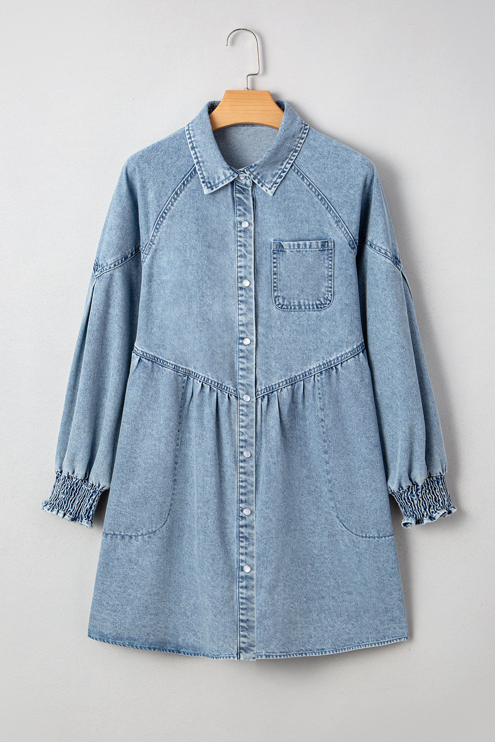 Beau Blue Smocked Cuffs Flared Denim Shirt Mini Dress-Dresses/Mini Dresses-[Adult]-[Female]-Beau Blue-S-2022 Online Blue Zone Planet