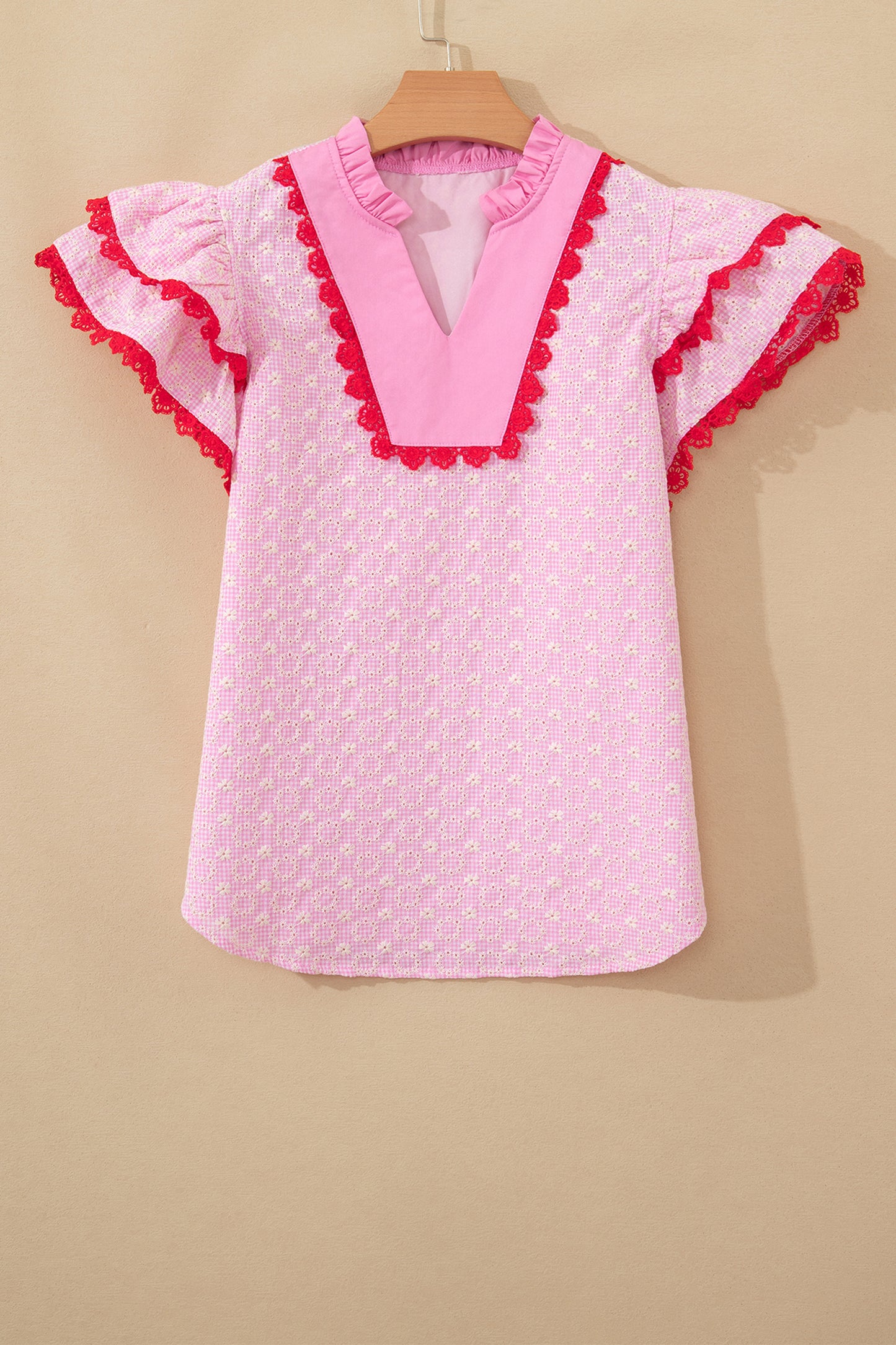 Pink Eyelet Embroidered Flower Texture Contrast Lace Trim Flutter Sleeve Blouse-Tops/Blouses & Shirts-[Adult]-[Female]-2022 Online Blue Zone Planet