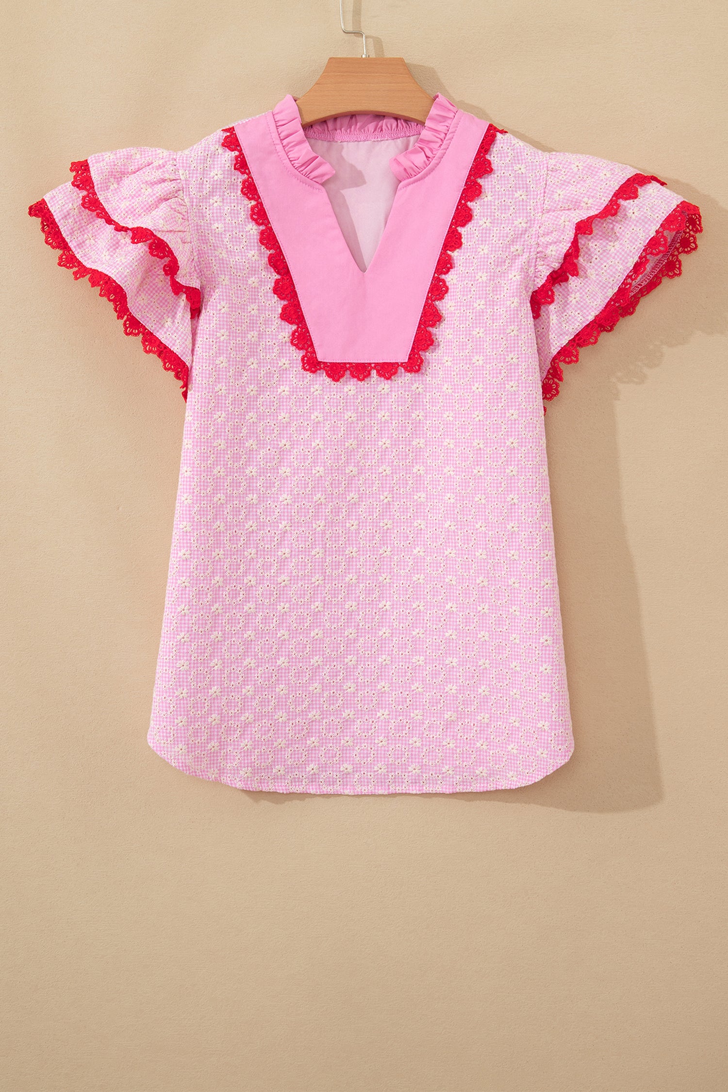 Pink Eyelet Embroidered Flower Texture Contrast Lace Trim Flutter Sleeve Blouse-Tops/Blouses & Shirts-[Adult]-[Female]-2022 Online Blue Zone Planet