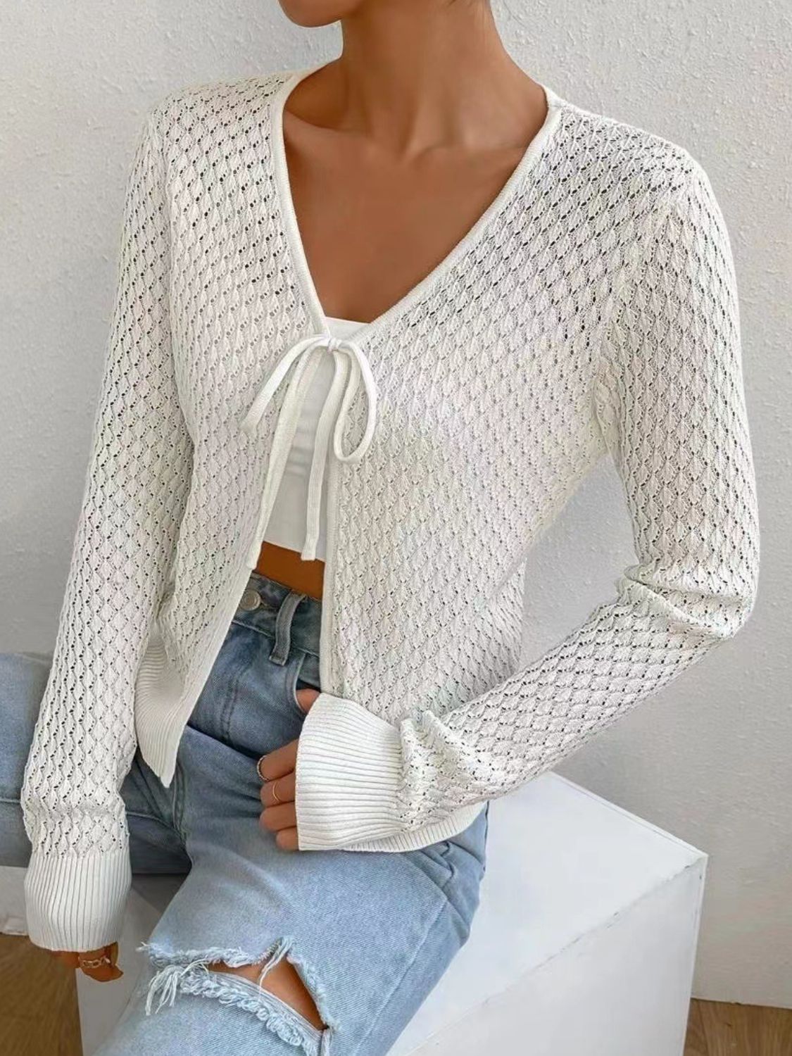 Tied Openwork V-Neck Long Sleeve Cardigan-TOPS / DRESSES-[Adult]-[Female]-White-One Size-2022 Online Blue Zone Planet