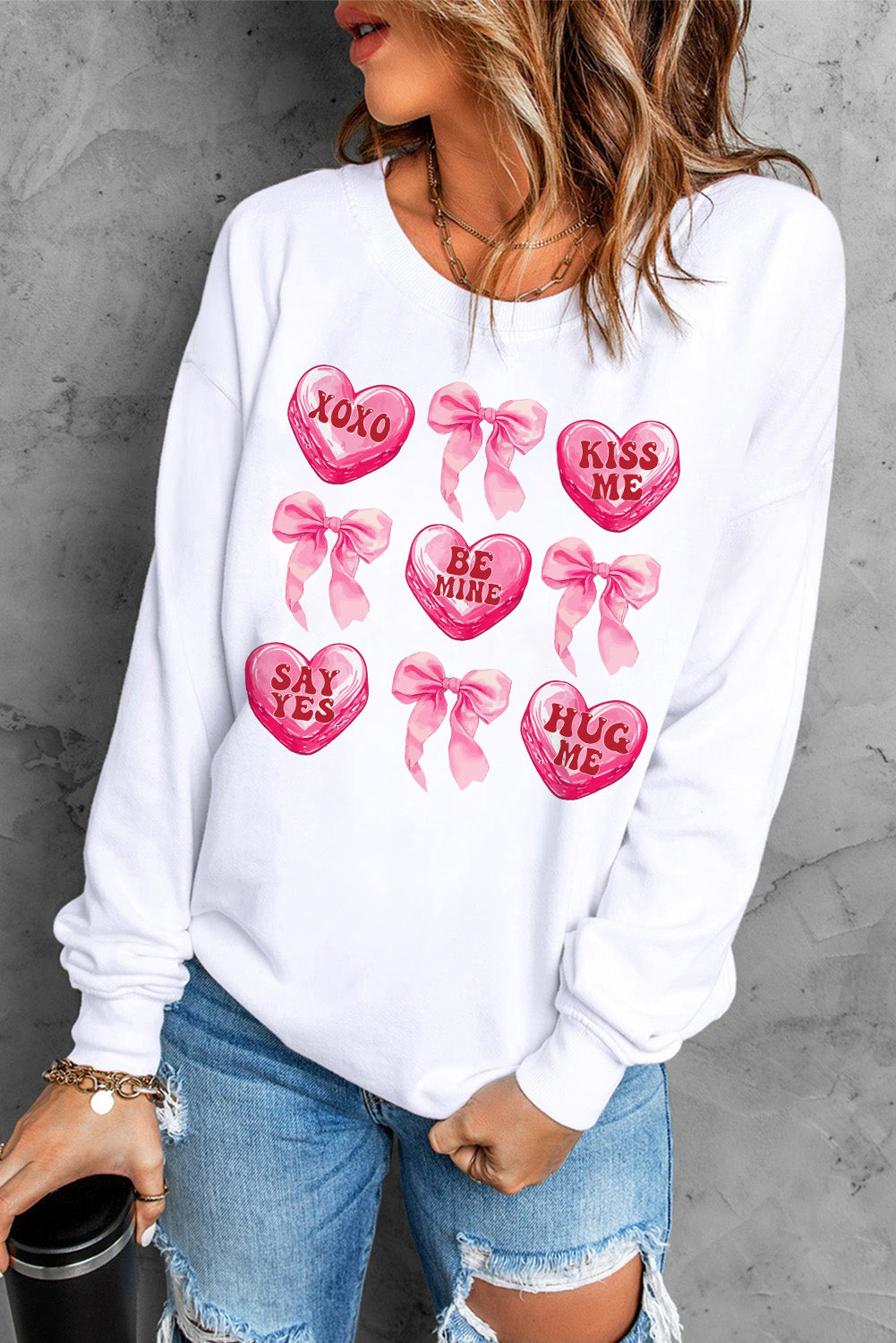 White Valentine Candy Heart & Bow Graphic Sweatshirt-Graphic Sweatshirts-[Adult]-[Female]-2022 Online Blue Zone Planet