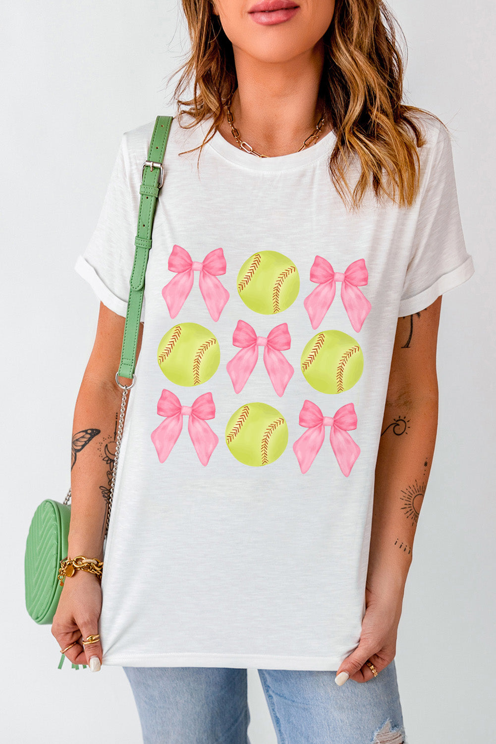 White Bow Tie Baseball Print Round Neck Casual Tee-Graphic/Graphic Tees-[Adult]-[Female]-2022 Online Blue Zone Planet