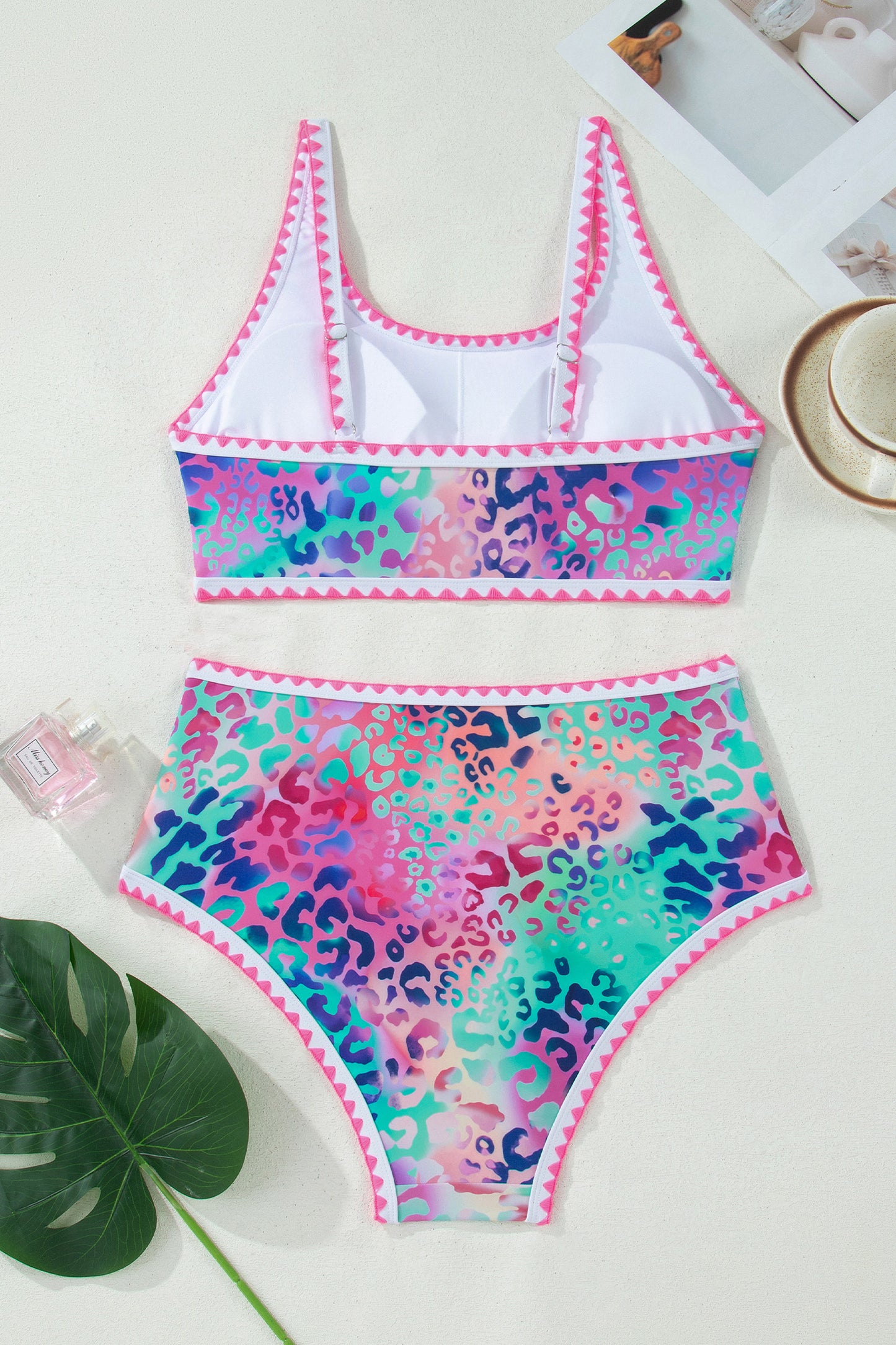 Pink Leopard Ricrac Trim Square Neck High Waist Bikinich-Swimwear/High Waisted Swimsuit-[Adult]-[Female]-2022 Online Blue Zone Planet