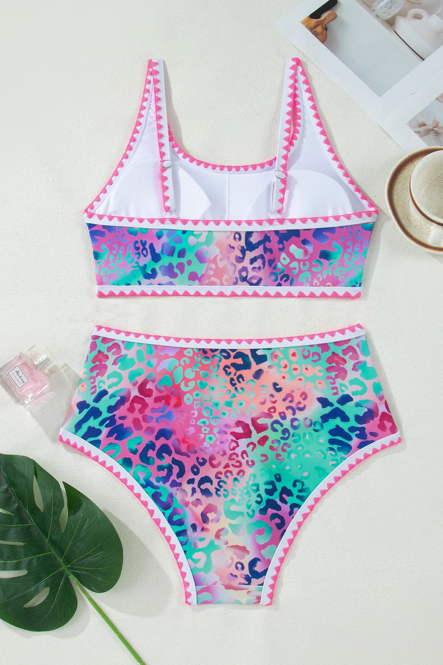 Pink Leopard Ricrac Trim Square Neck High Waist Bikinich-Swimwear/High Waisted Swimsuit-[Adult]-[Female]-2022 Online Blue Zone Planet