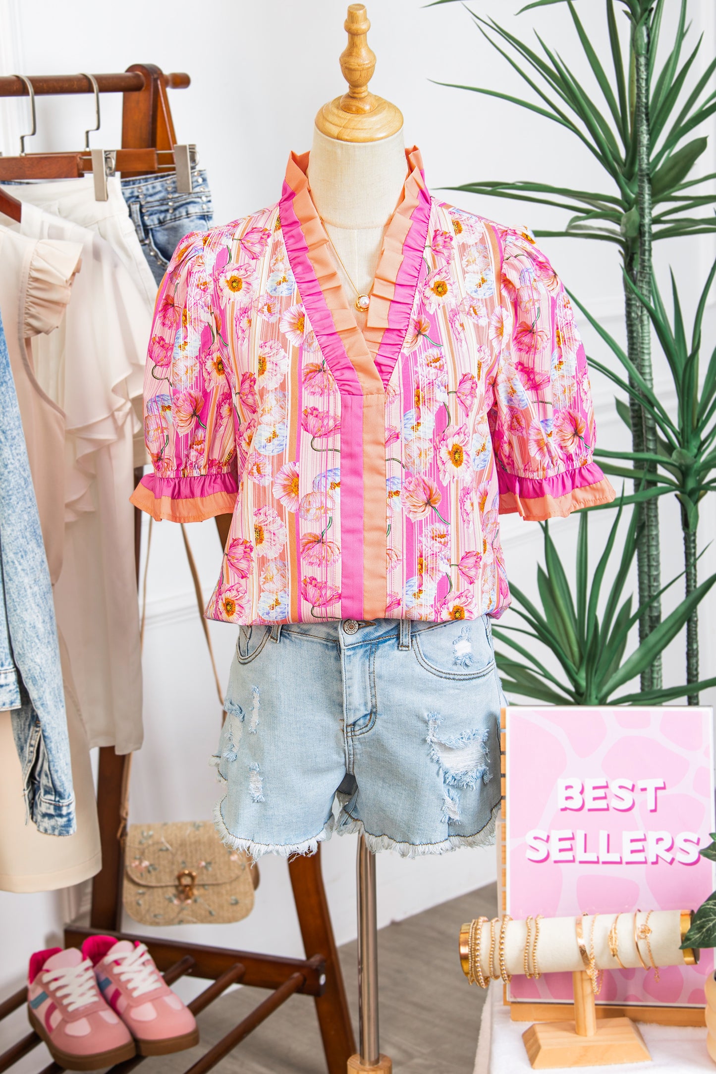 Pink Poppy Flower Striped Print Color Block Trim V Neck Short Sleeve Blouse-Tops/Blouses & Shirts-[Adult]-[Female]-2022 Online Blue Zone Planet