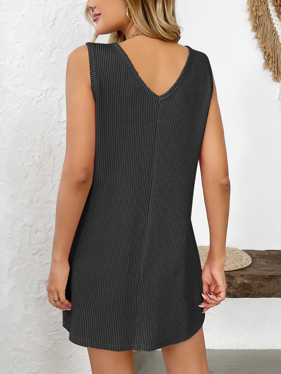 Texture Pocketed V-Neck Tank Dress-TOPS / DRESSES-[Adult]-[Female]-2022 Online Blue Zone Planet