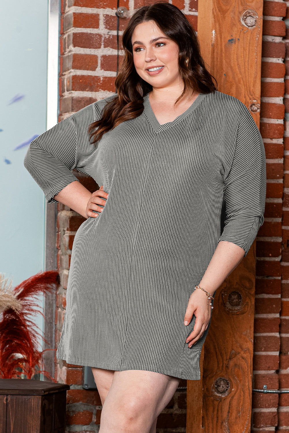 Philippine Gray Plus Size Corded V Neck Shift Dress-TOPS / DRESSES-[Adult]-[Female]-2022 Online Blue Zone Planet