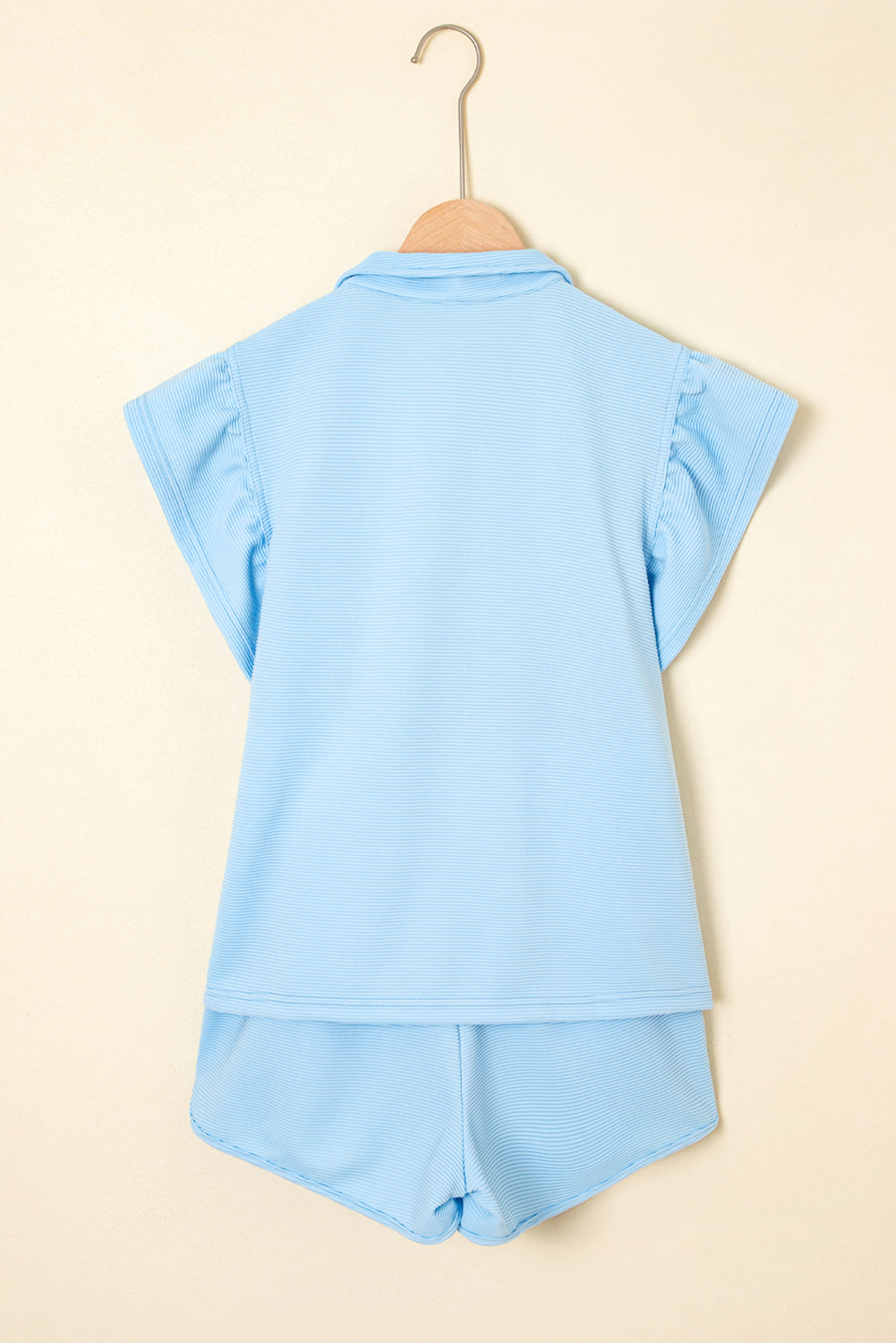 Beau Blue Striped Detail Flutter Sleeve Zipped Collar Short Set-Two Piece Sets/Short Sets-[Adult]-[Female]-2022 Online Blue Zone Planet