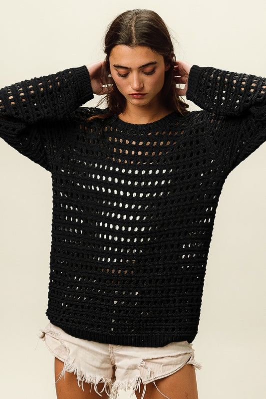 BiBi Round Neck Openwork Knit Cover Up-TOPS / DRESSES-[Adult]-[Female]-Black-S-2022 Online Blue Zone Planet