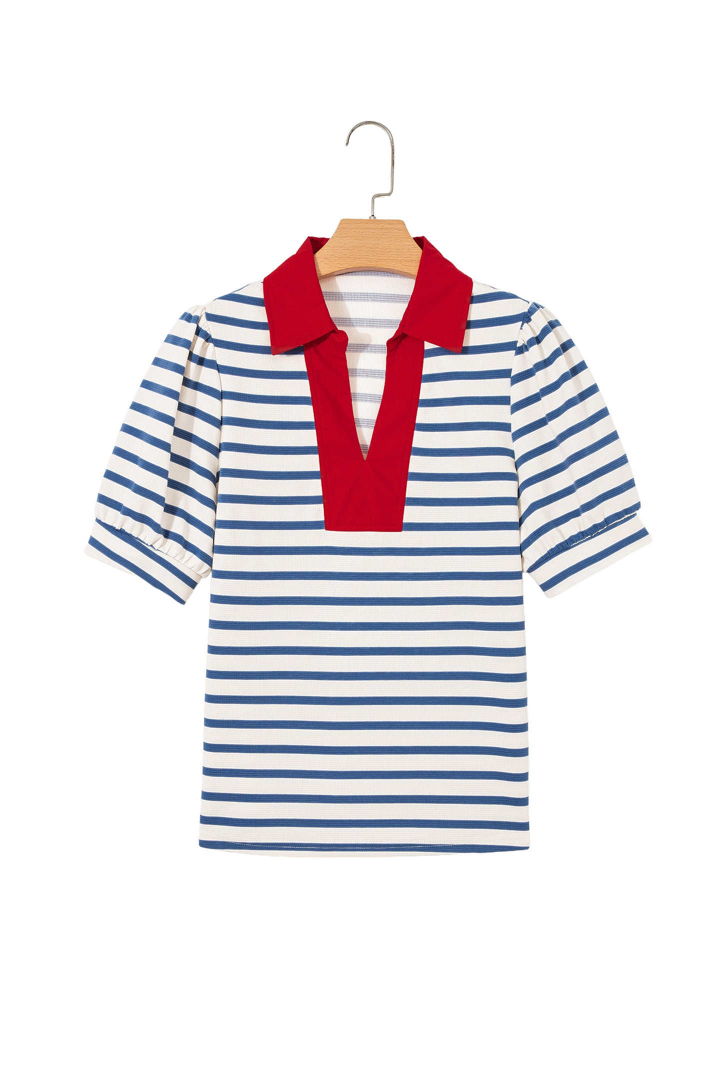 Blue Stripe Short Puff Sleeve Color Block Polo Collar Blouse-Tops/Blouses & Shirts-[Adult]-[Female]-2022 Online Blue Zone Planet