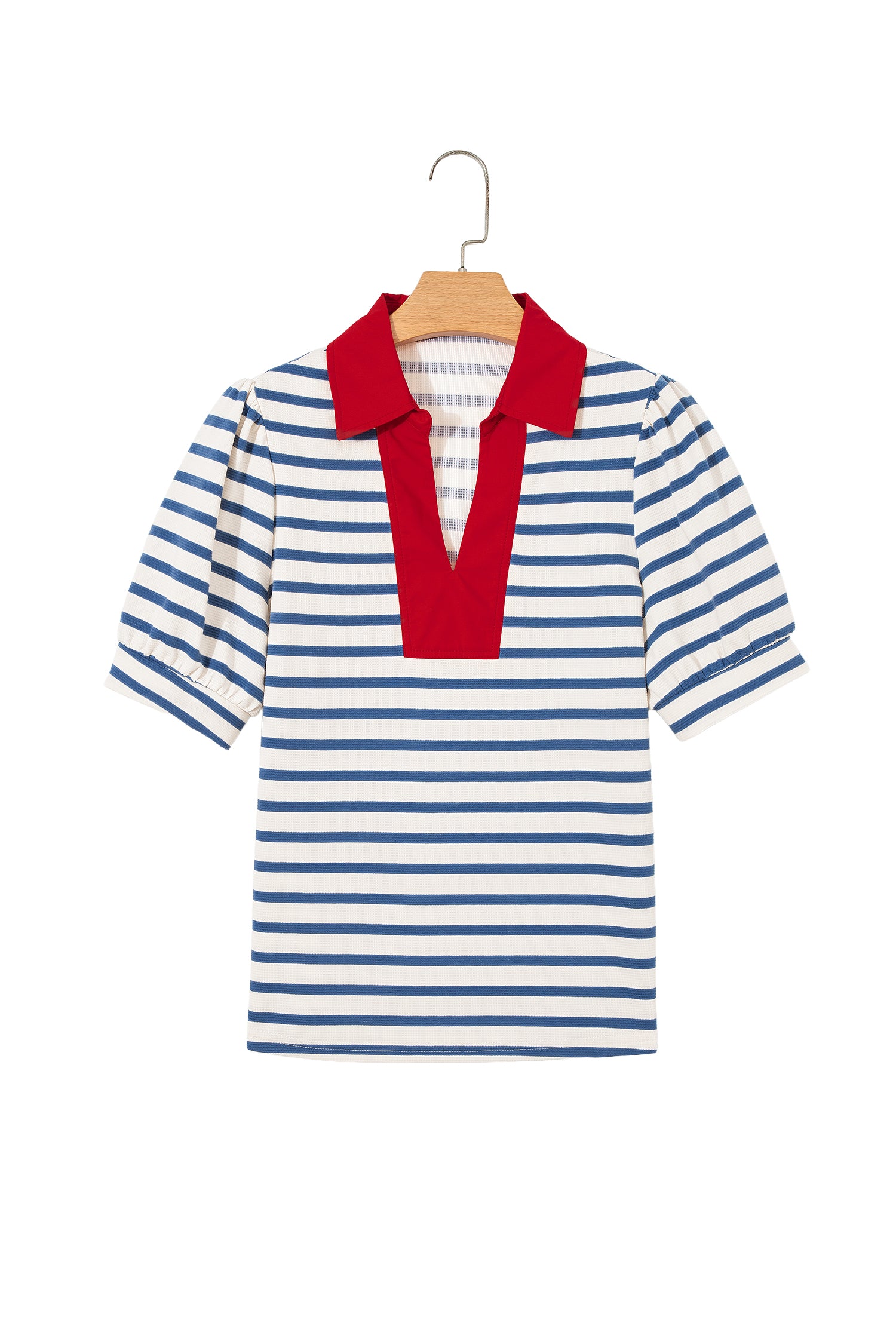 Blue Stripe Short Puff Sleeve Color Block Polo Collar Blouse-Tops/Blouses & Shirts-[Adult]-[Female]-2022 Online Blue Zone Planet