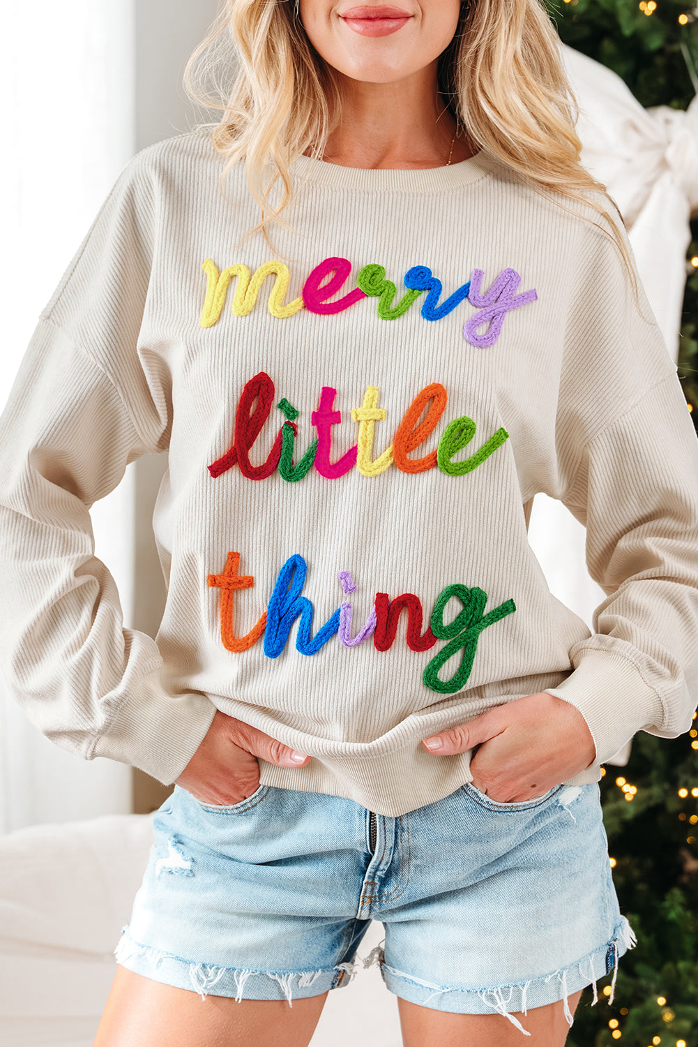 Beige Merry Little Thing Corded Letter Graphic Ribbed Loose Sweatshirt-Tops/Sweatshirts & Hoodies-[Adult]-[Female]-2022 Online Blue Zone Planet