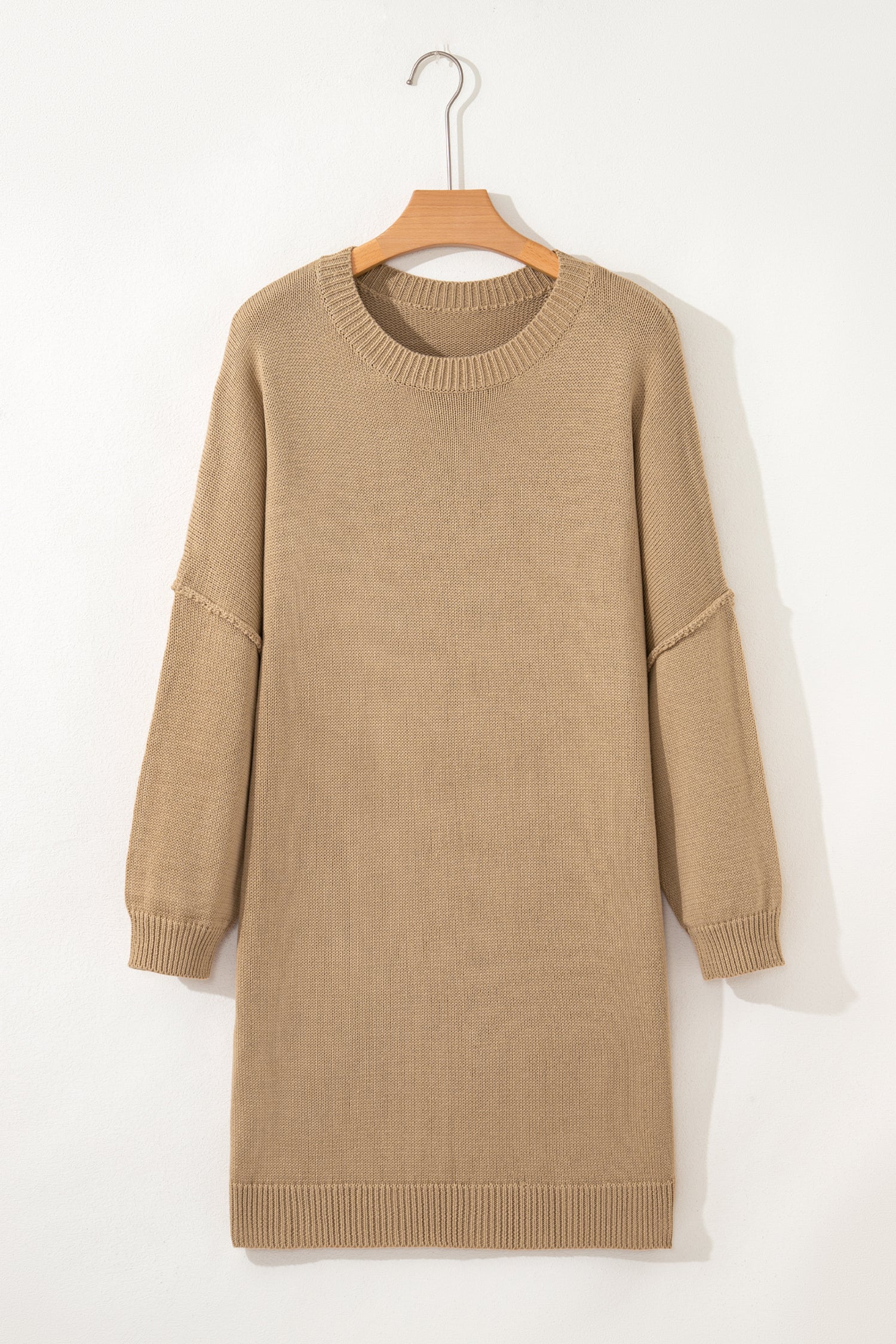 Pale Khaki Exposed Seam Drop Shoulder Oversize Sweater Mini Dress-TOPS / DRESSES-[Adult]-[Female]-2022 Online Blue Zone Planet