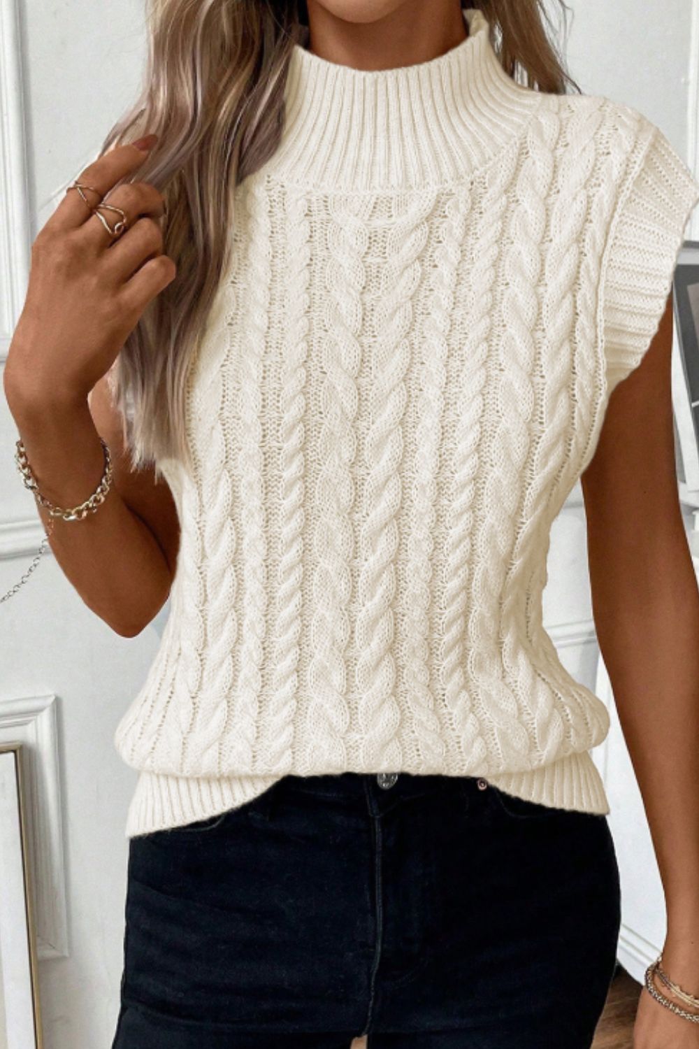 Cable Knit Turtleneck Sweater Vest-TOPS / DRESSES-[Adult]-[Female]-Ivory-S-2022 Online Blue Zone Planet