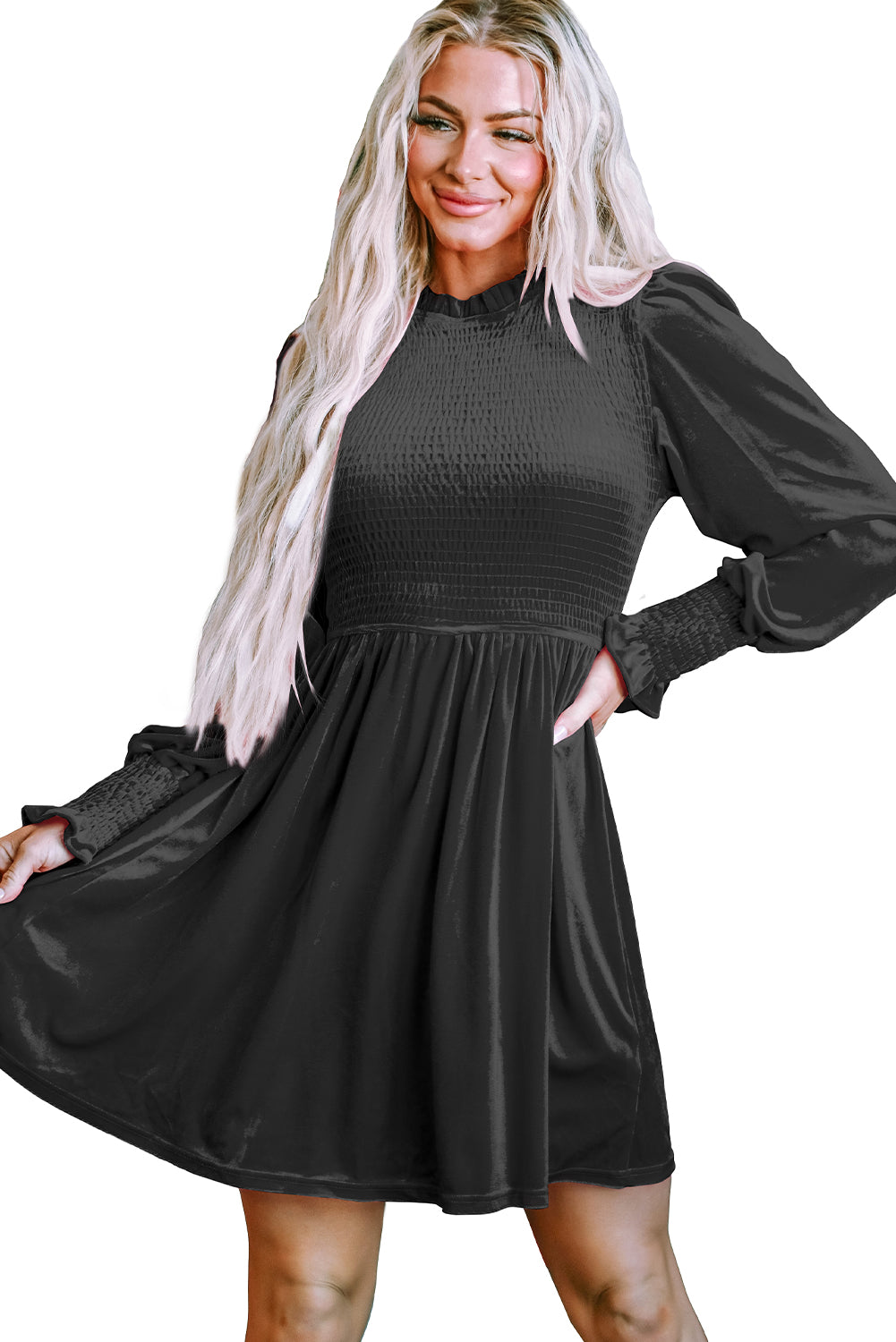 Blue Zone Planet | Black Frilled Neck Smocked Bodice Velvet Dress-TOPS / DRESSES-[Adult]-[Female]-2022 Online Blue Zone Planet