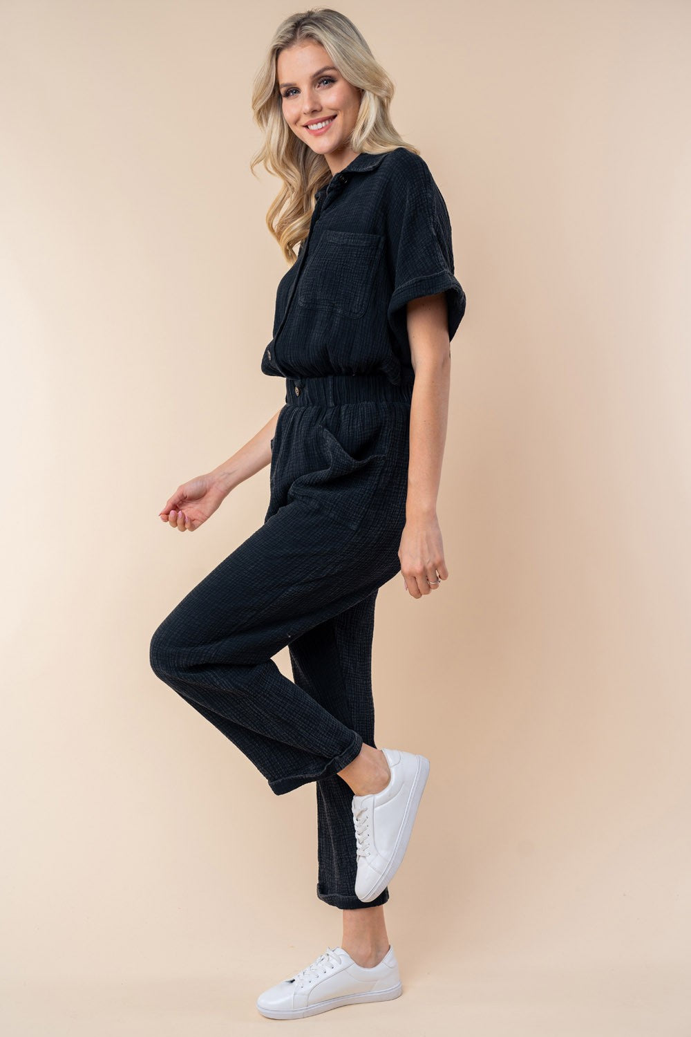 Blue Zone Planet | White Birch Texture Short Sleeve Jumpsuit-TOPS / DRESSES-[Adult]-[Female]-2022 Online Blue Zone Planet