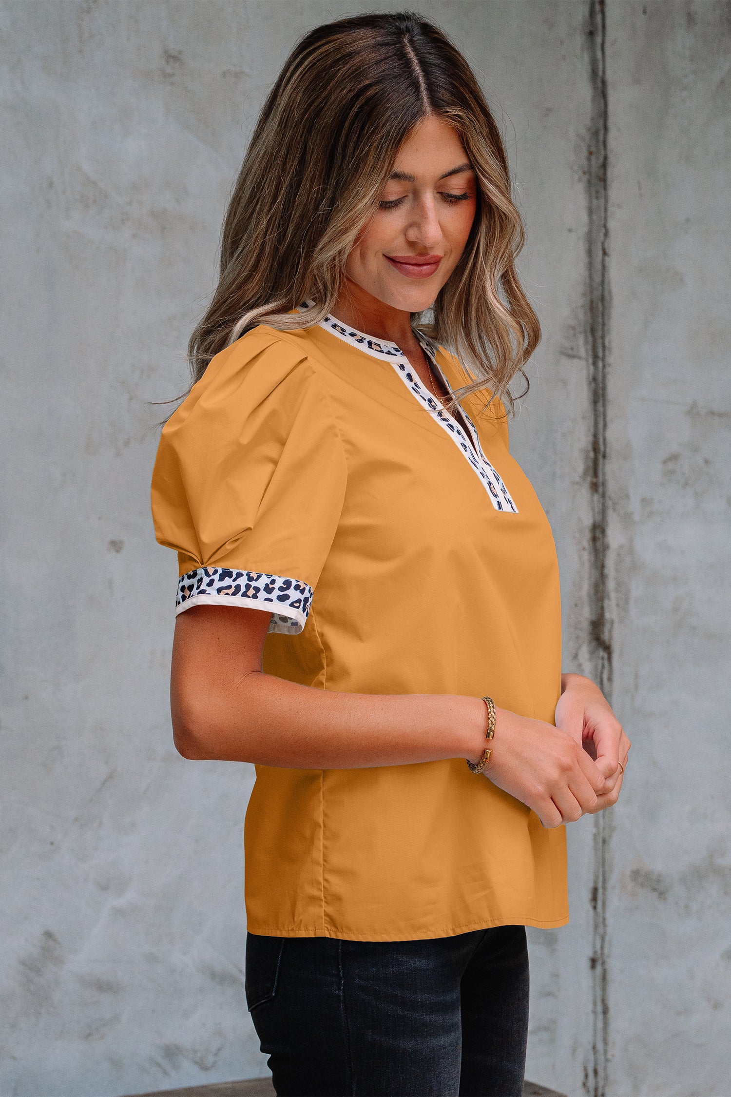 Buckskin Contrast Leopard Trim Split Neck Puff Sleeve Blouse-Tops/Blouses & Shirts-[Adult]-[Female]-2022 Online Blue Zone Planet
