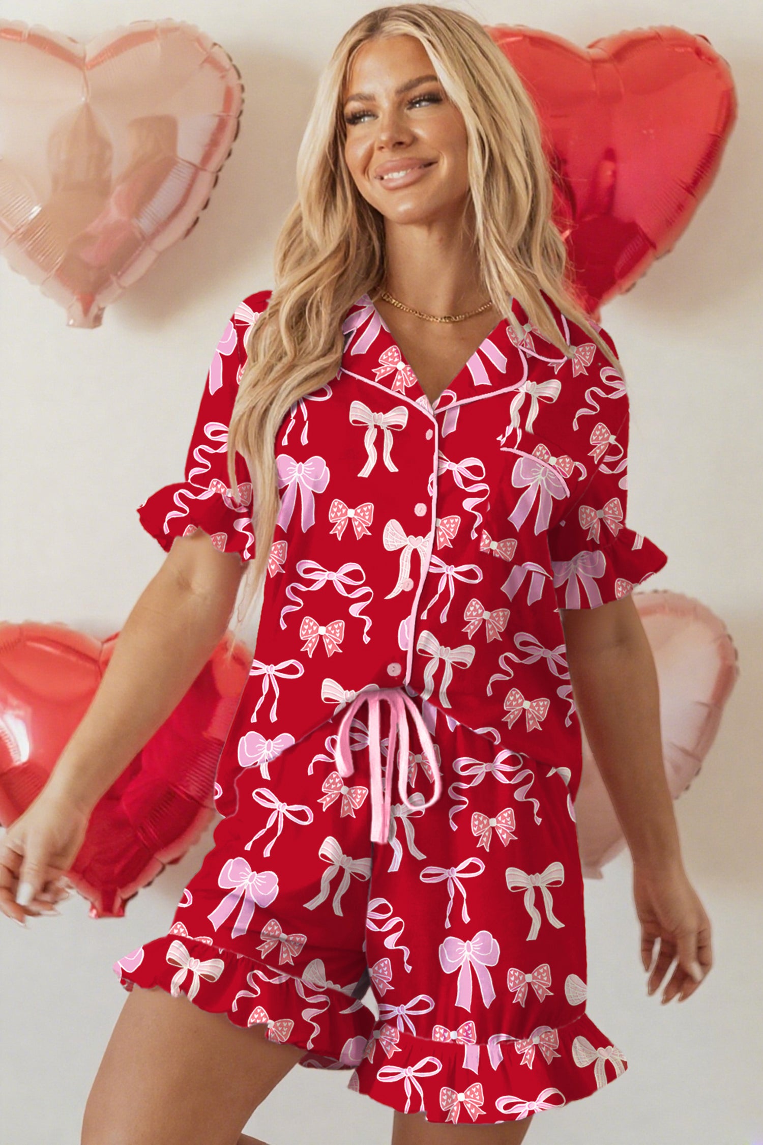 Red Sweet Bow Print Ruffled Short Sleeve Shirt Shorts 2pcs Pajama Set-Loungewear & Sleepwear/Sleepwear-[Adult]-[Female]-2022 Online Blue Zone Planet