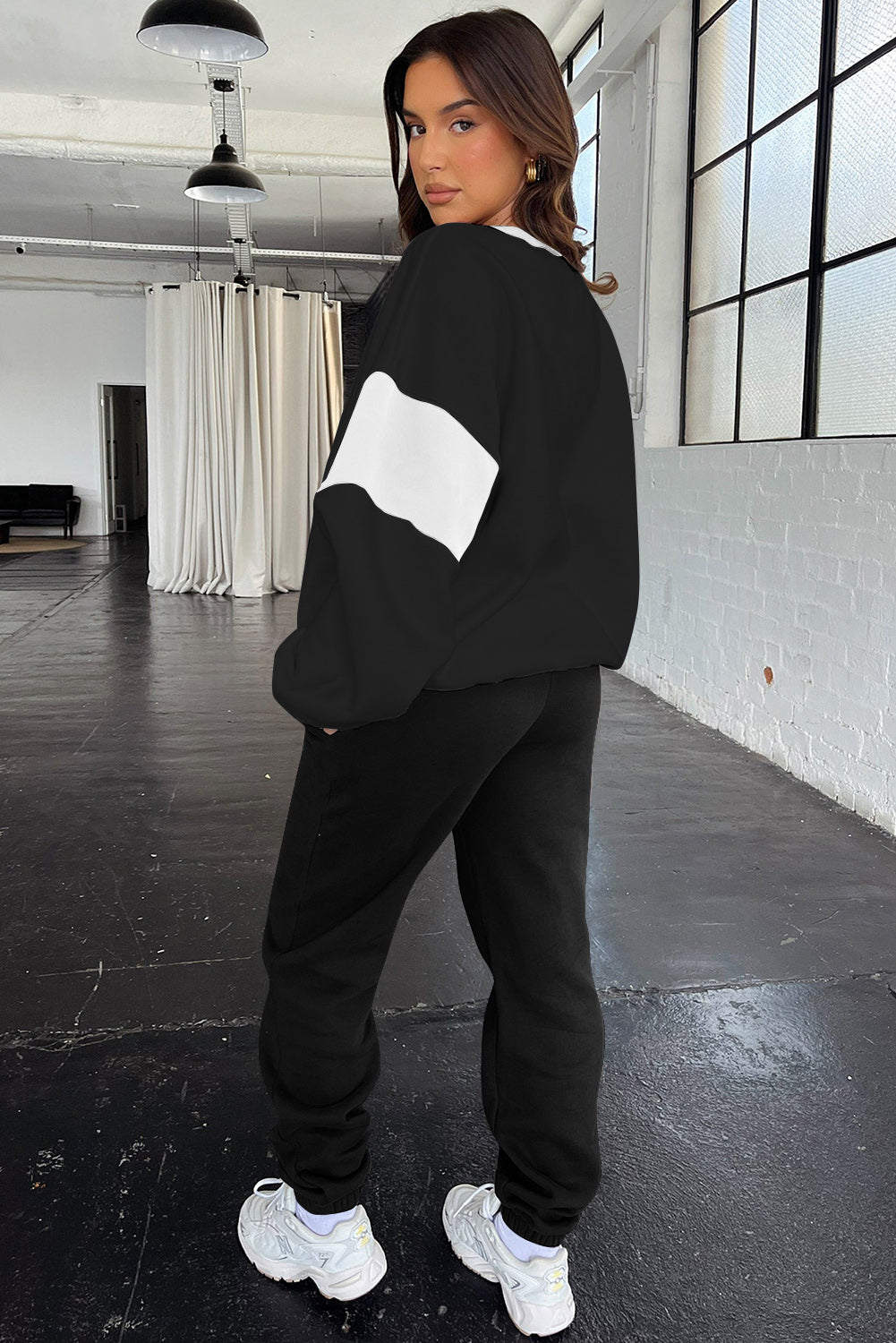 Black Drop Shoulder Loose Sweatshirt and Joggers Active Set-Activewear/Activewear Sets-[Adult]-[Female]-2022 Online Blue Zone Planet