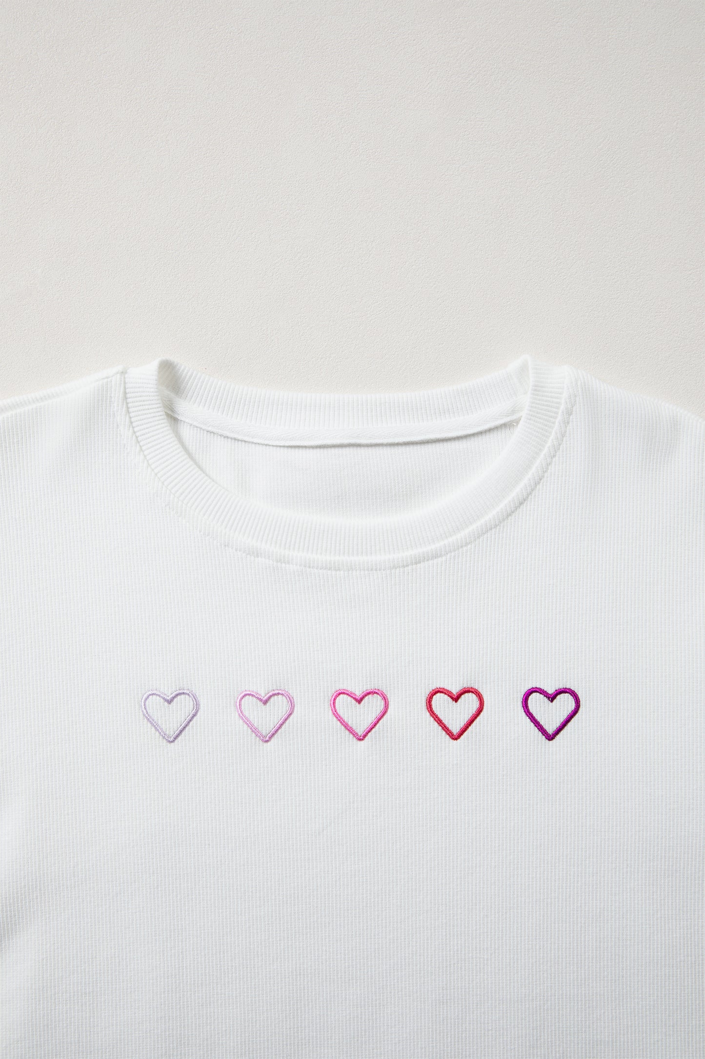 White 3d Ribbed XOXO Heart Embroidered Drop Shoulder Sweatshirt-Tops/Sweatshirts & Hoodies-[Adult]-[Female]-2022 Online Blue Zone Planet