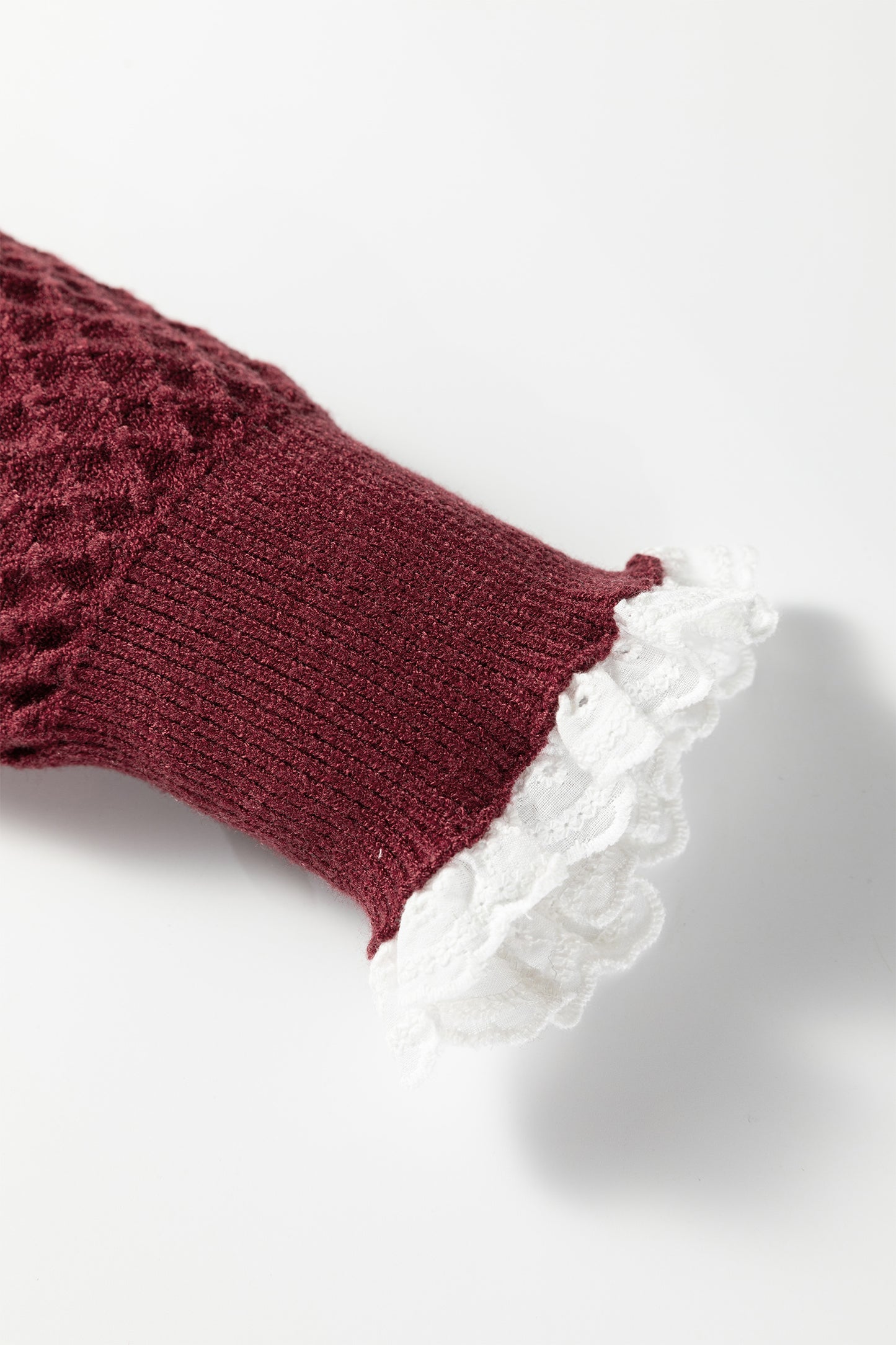 Burgundy Contrast Lace Frilled Trim Raglan Sleeve Sweater-TOPS / DRESSES-[Adult]-[Female]-2022 Online Blue Zone Planet