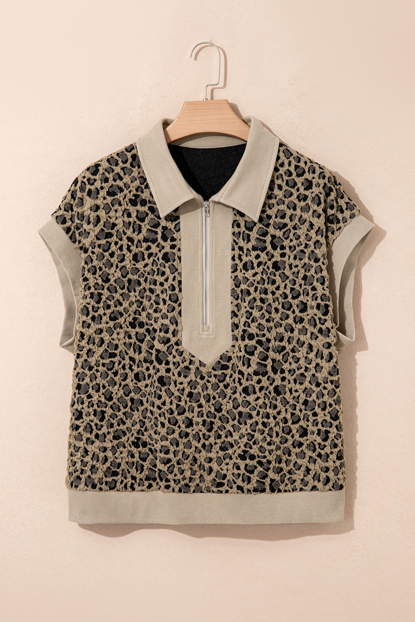 Beige Ribbed Patchwork Collar Cuffed Sleeve Leopard Plus Top-Plus Size/Plus Size Tops/Plus Size Tops & Tees-[Adult]-[Female]-2022 Online Blue Zone Planet