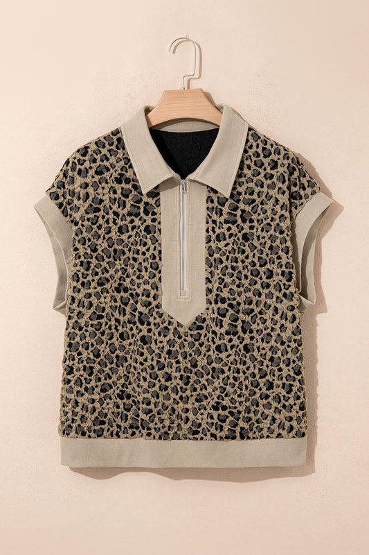 Beige Ribbed Patchwork Collar Cuffed Sleeve Leopard Plus Top-Plus Size/Plus Size Tops/Plus Size Tops & Tees-[Adult]-[Female]-2022 Online Blue Zone Planet