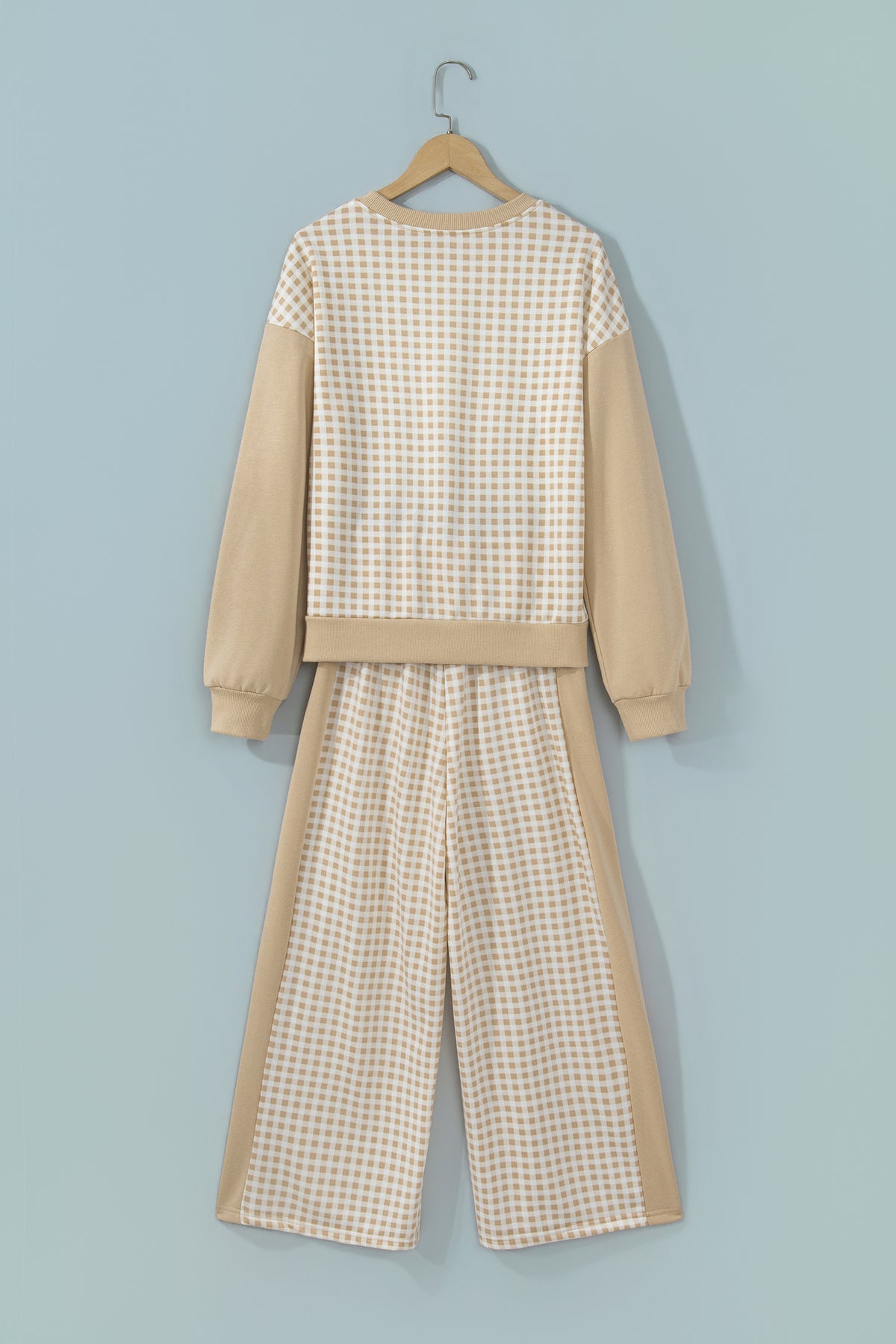 Khaki Color Block Plaid Patchwork Long Sleeve Pullover Wide Leg Pant Set-Two Piece Sets/Pant Sets-[Adult]-[Female]-2022 Online Blue Zone Planet