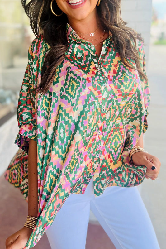 Dark Green Abstract Print Half Sleeve Button up Loose Shirt-Tops/Blouses & Shirts-[Adult]-[Female]-Dark Green-S-2022 Online Blue Zone Planet