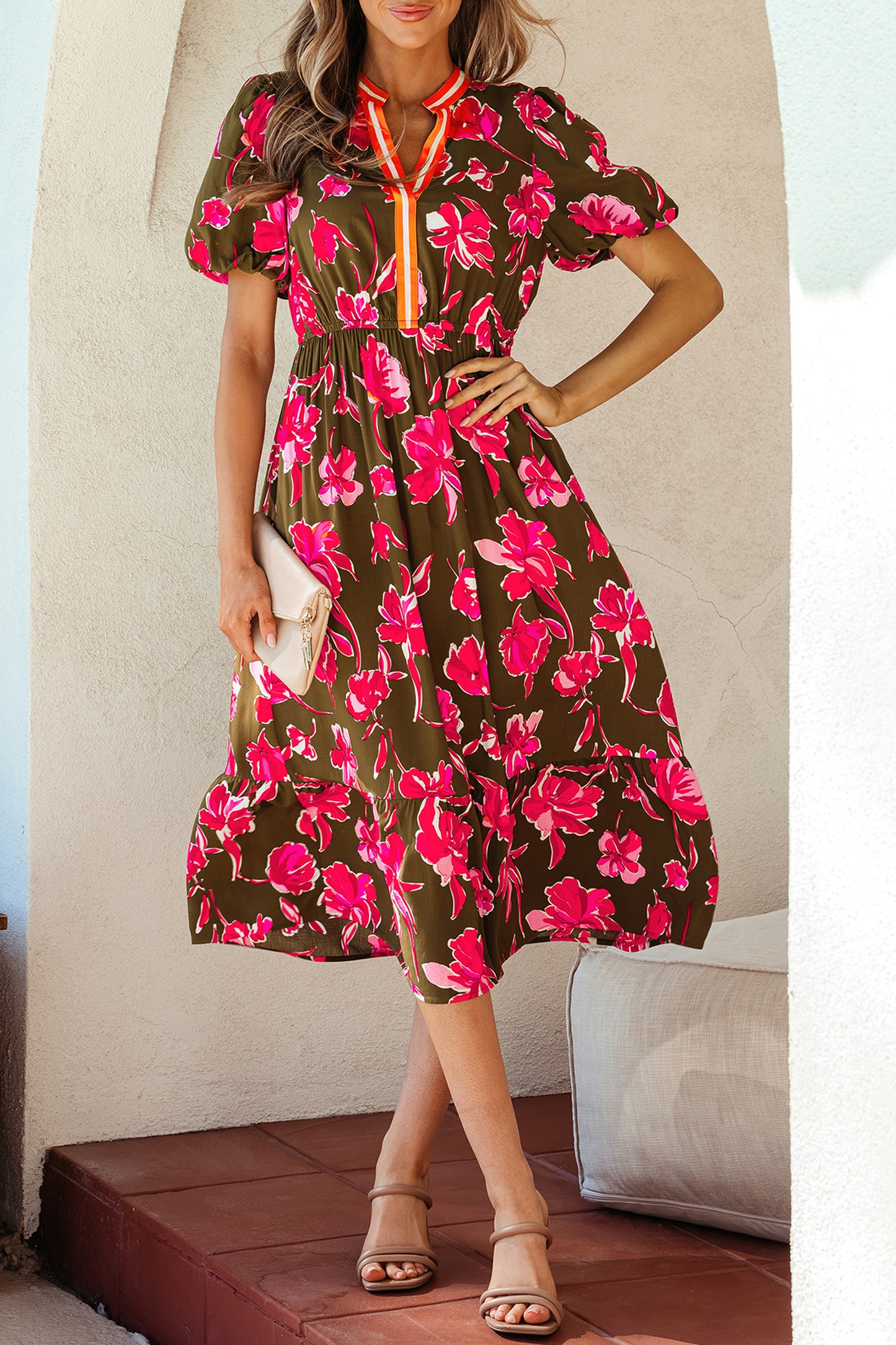 Green Floral Print Striped Trim Split Neck Short Puff Sleeve Ruffle Hem Maxi Dress-TOPS / DRESSES-[Adult]-[Female]-2022 Online Blue Zone Planet