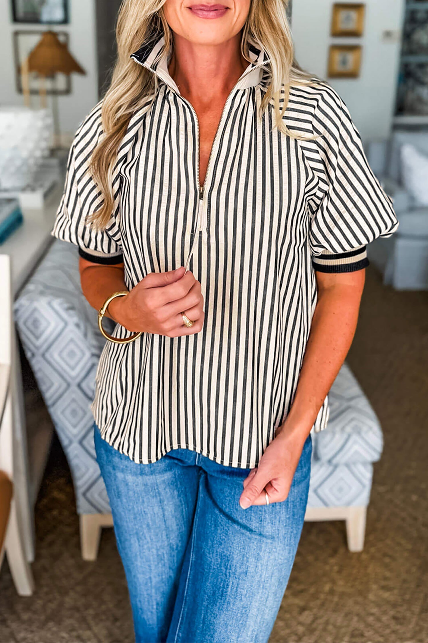 Black Stripe Polo Collar Half Zip Short Puff Sleeve Blouse-Tops/Blouses & Shirts-[Adult]-[Female]-2022 Online Blue Zone Planet